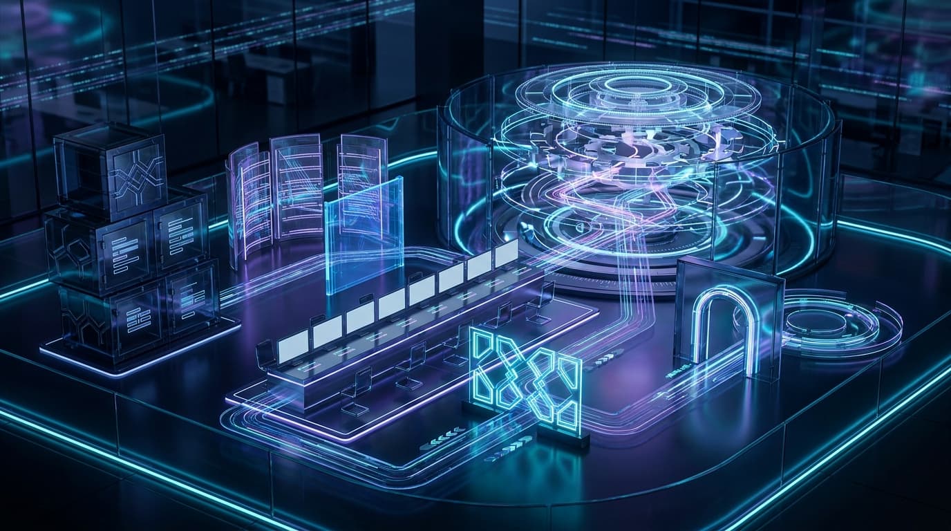 Premium editorial illustration of a legal institution transforming from fragmented software silos into one coordinated AI workflow engine with secure oversight