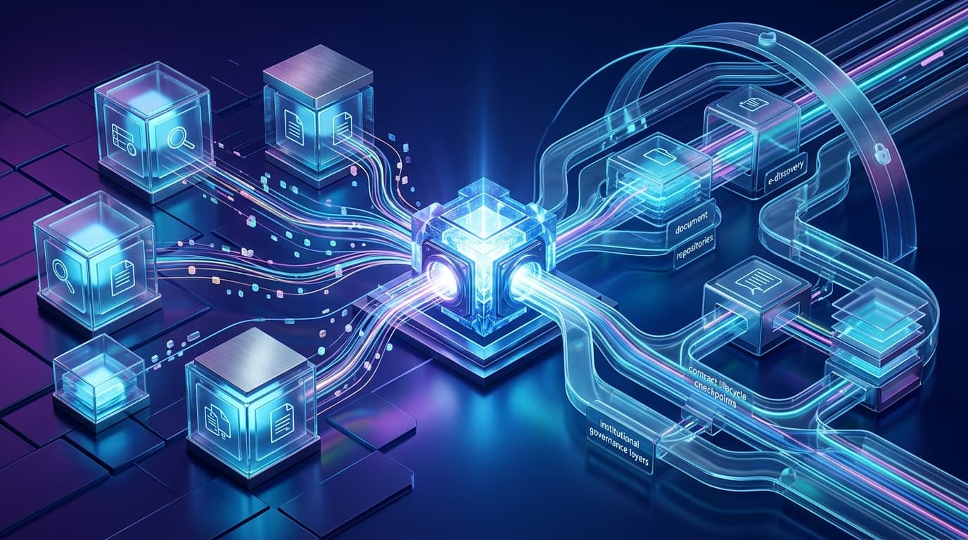 Premium editorial illustration of a legal institution transforming from fragmented software silos into one coordinated AI workflow engine with secure oversight