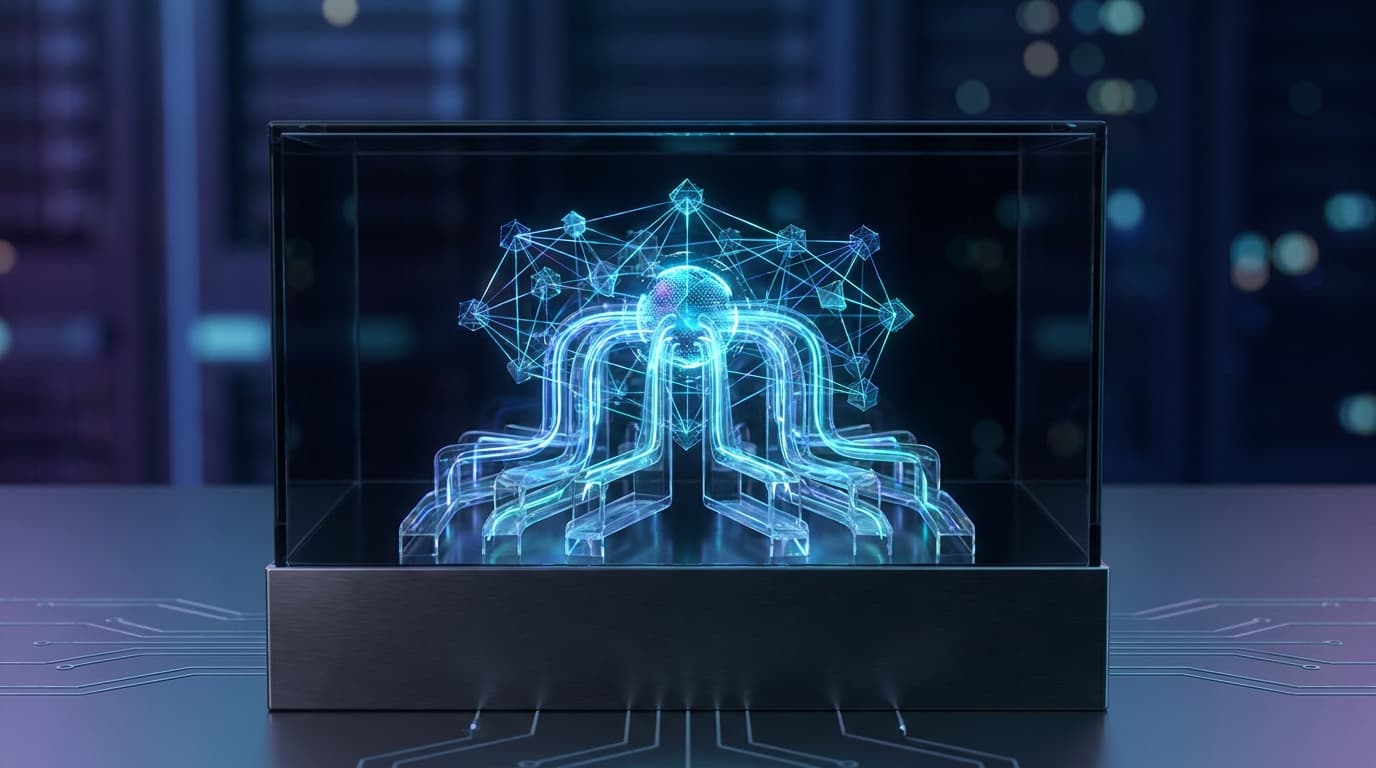 Editorial scene of a finance-aware AI control plane balancing spend, reliability, and provider leverage while premium agents handle only the highest-value decisions