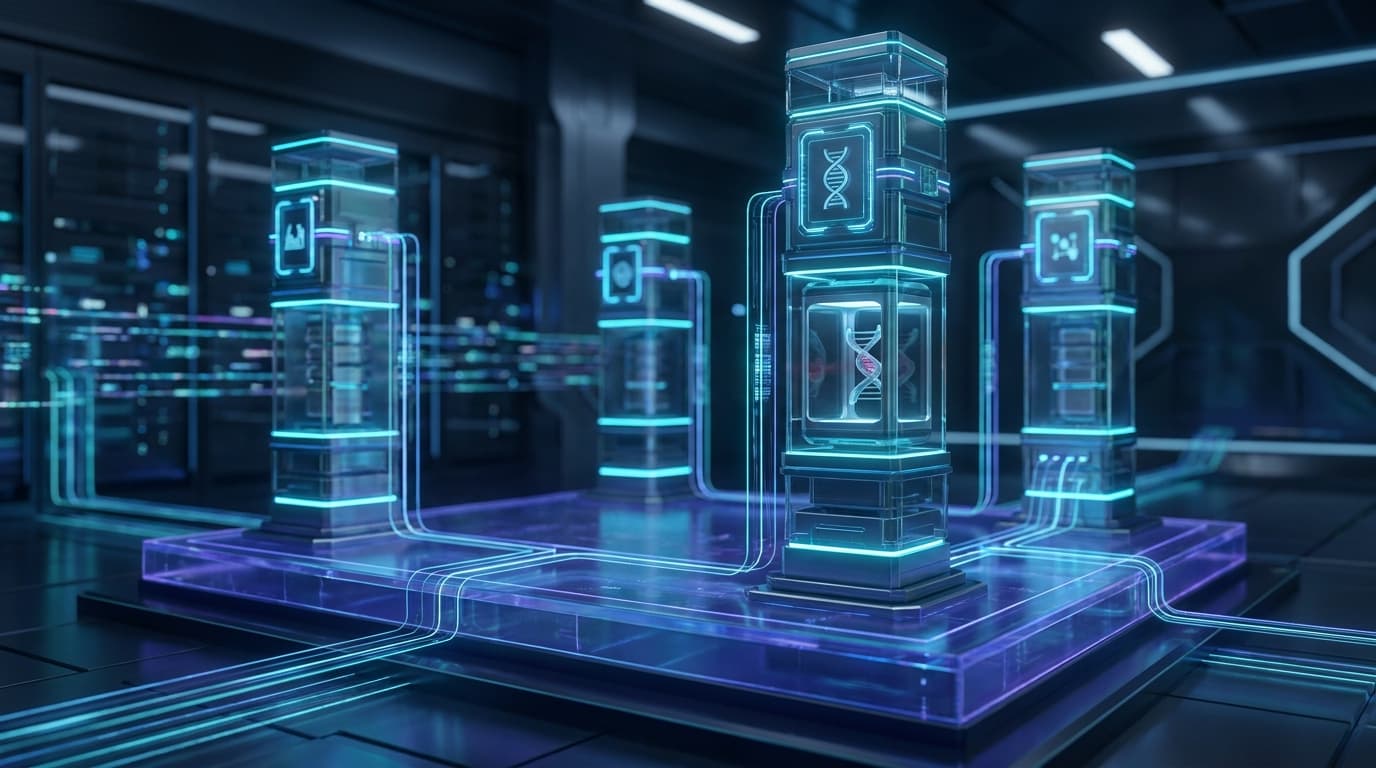 Glass-encased biotech systems connected through a controlled AI research network