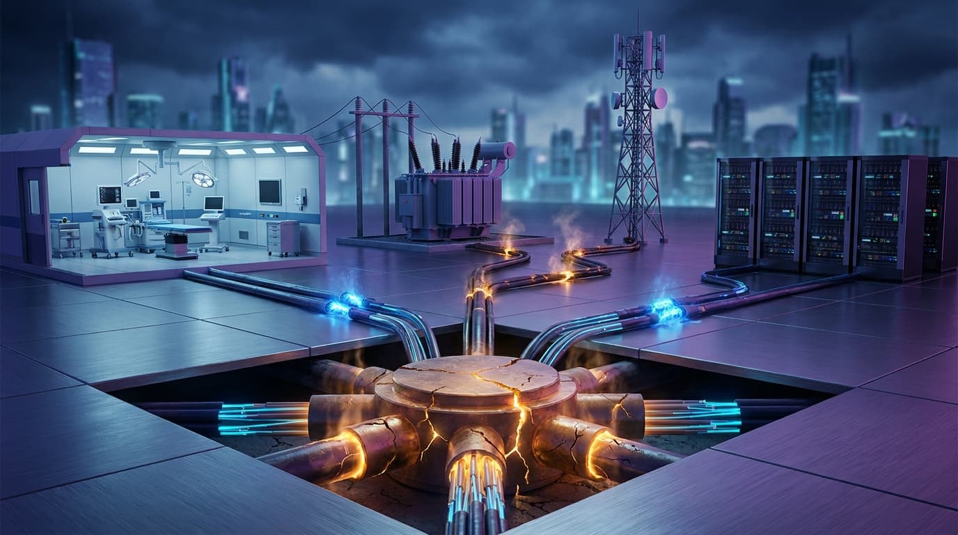 A transitive-risk network connecting vendors, open-source maintainers, hospitals, utilities, and communications systems through secured remediation lanes and dependency hubs, shown as a dark premium rendering without text