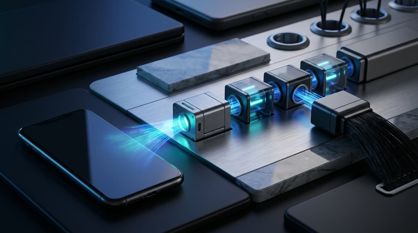 A wordless workflow ribbon moving from device-local models into shortcuts, trusted tools, and app intents across glass panels in Apple-like silver, cyan, and deep blue