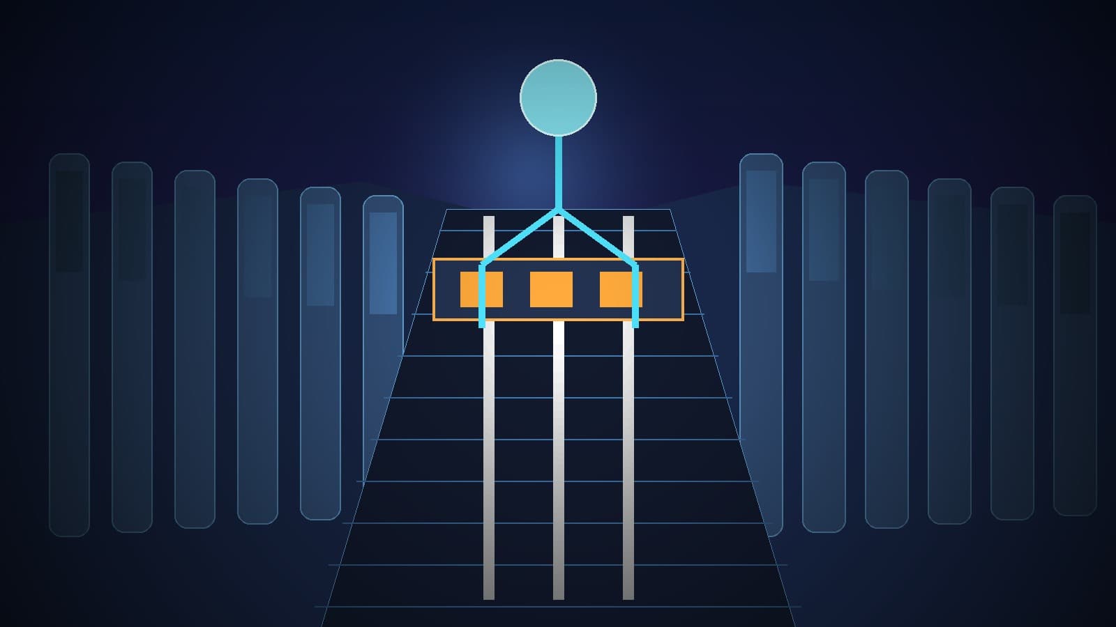 A cinematic European sovereignty chamber where a frontier AI vault sits behind cross-border access gates, legal barriers, and secure cloud corridors inside a dark blue technology complex
