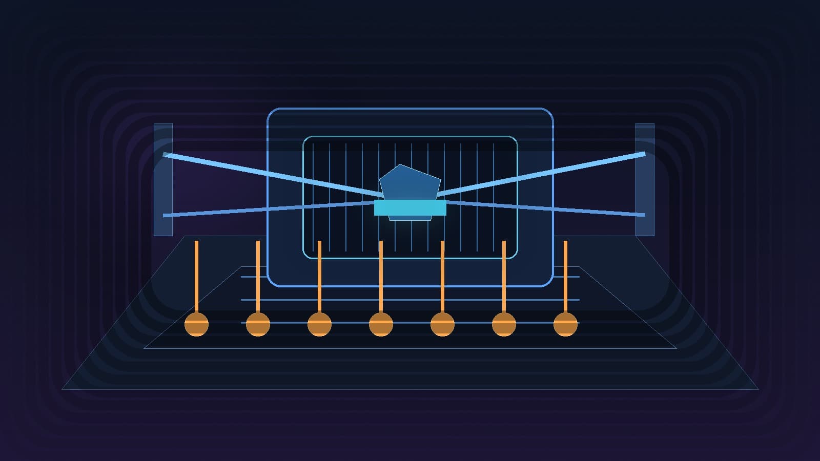 A cinematic California government operations hub where a secure AI procurement portal routes approved model access, training lanes, and cyber workflows across agencies inside a dark blue control architecture