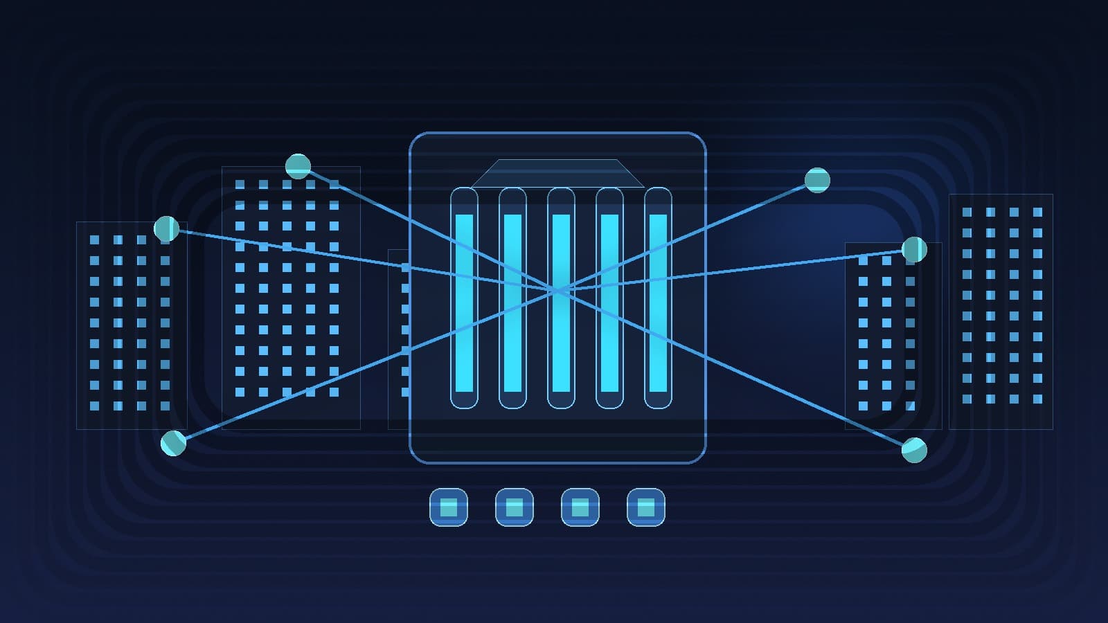 A dark civic network where a central AI governance hall connects agencies, city systems, and workforce support lanes across a statewide operating grid
