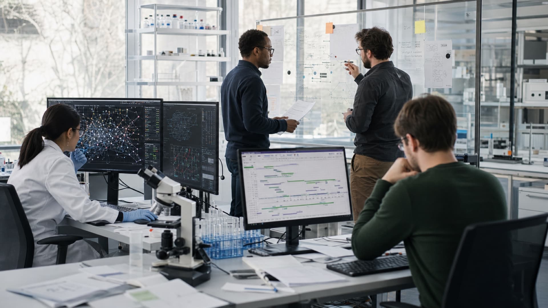 A frontier AI model moving through separate pre-release evaluation bays while independent technical reviewers monitor the evidence