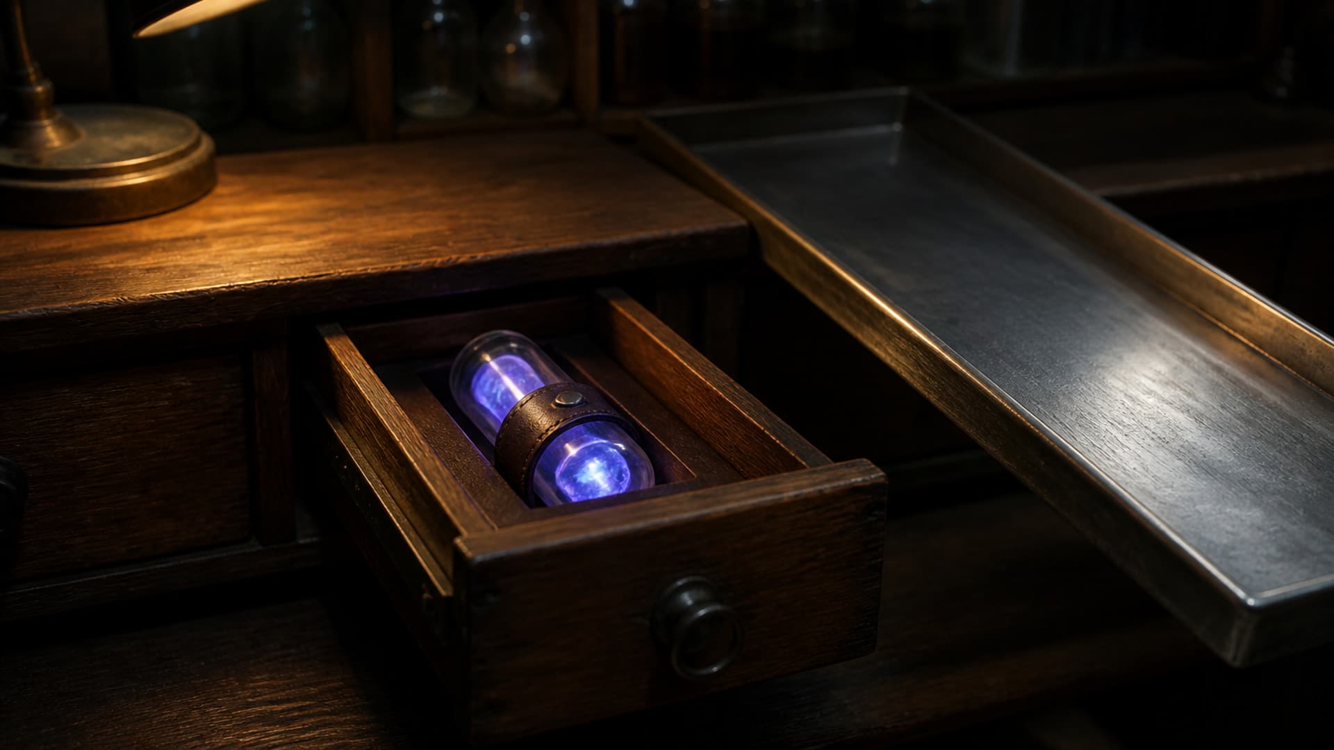 A worn workbench with an open wooden drawer holding a single glowing glass cylinder kept close to a short leather strap, beside a long unused metal tray fading into shadow, with no people or readable text