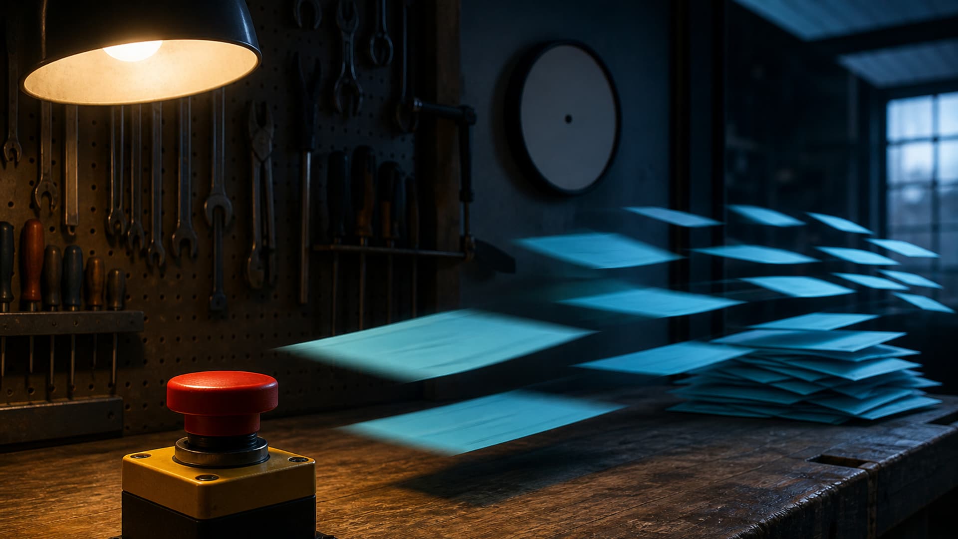 An empty dusk workshop where glowing work tickets stream past a still emergency stop on a wooden bench, with a warm lamp and no people or readable text