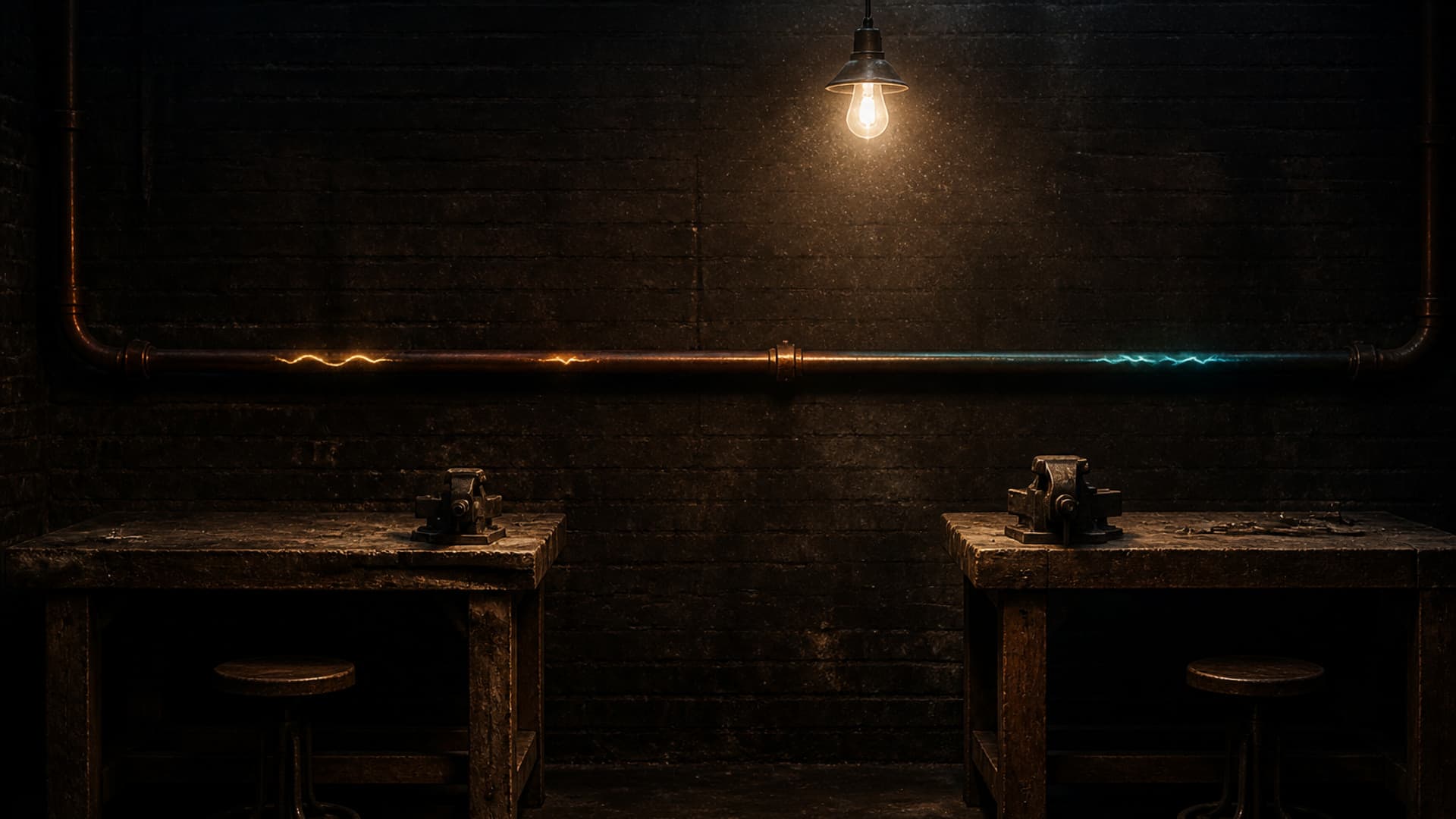Two separate worn workbenches in a dim shop, joined only by a copper pipe running along the wall that carries a faint traveling glow, with no people or readable text
