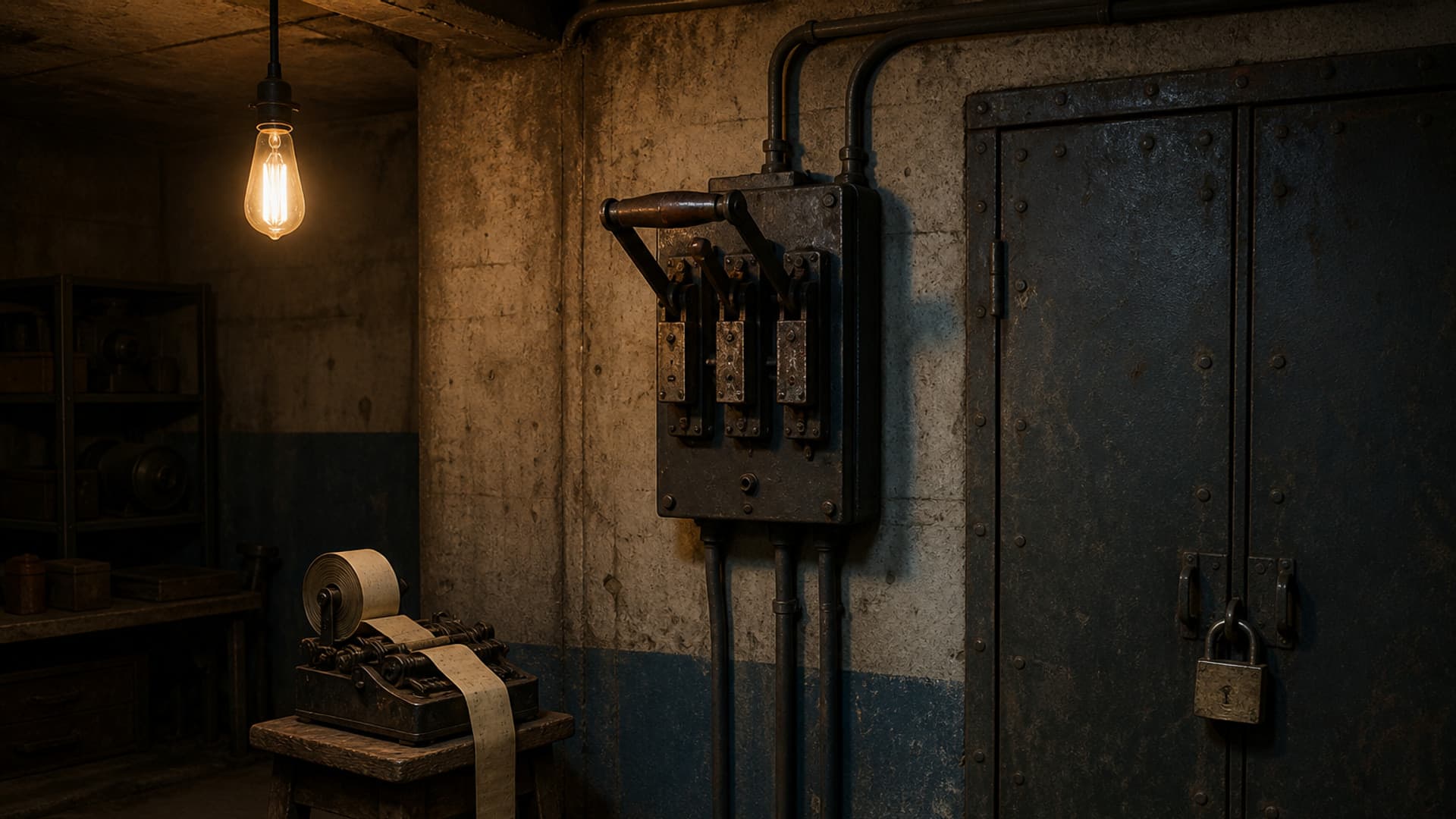 An empty concrete utility room where a wall-mounted electrical disconnect sits unused beside a locked steel cabinet and a paper-tape log reel, lit by a single warm bulb, with no people or readable text