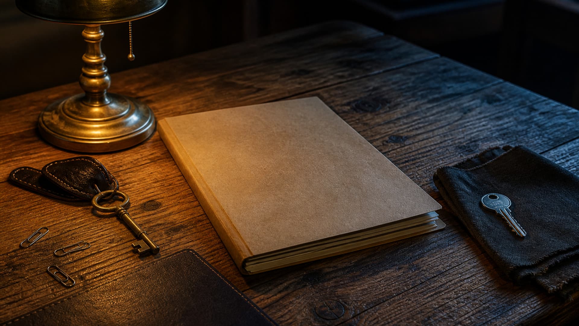 Two different keys on a worn oak table, one brass on a leather strap and one nickel on a cloth, with a closed unmarked folder between them and no people or readable text