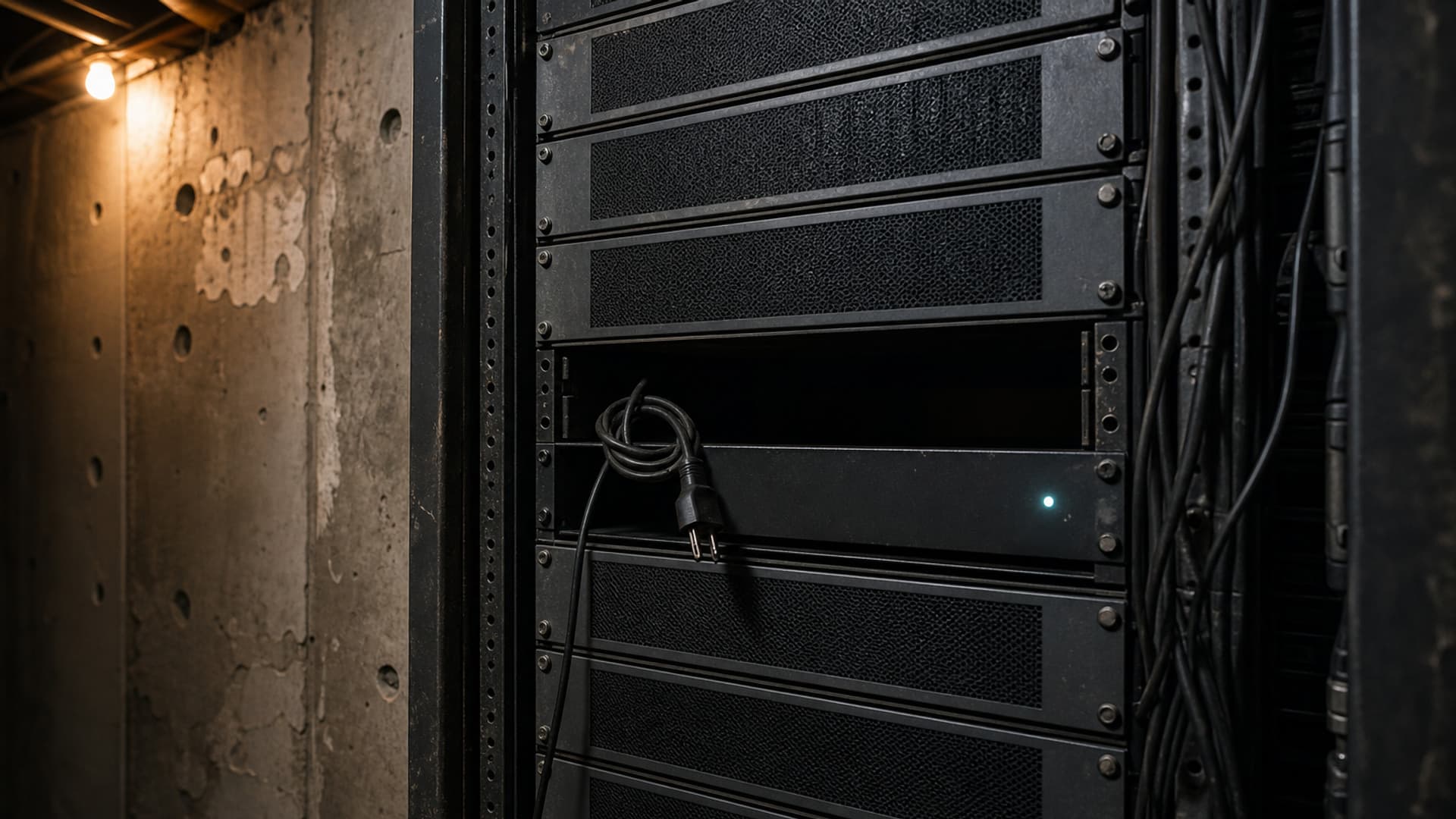An empty middle bay in a dim steel server rack, a coiled black power cable hanging unused in the vacant slot, with no people or readable text
