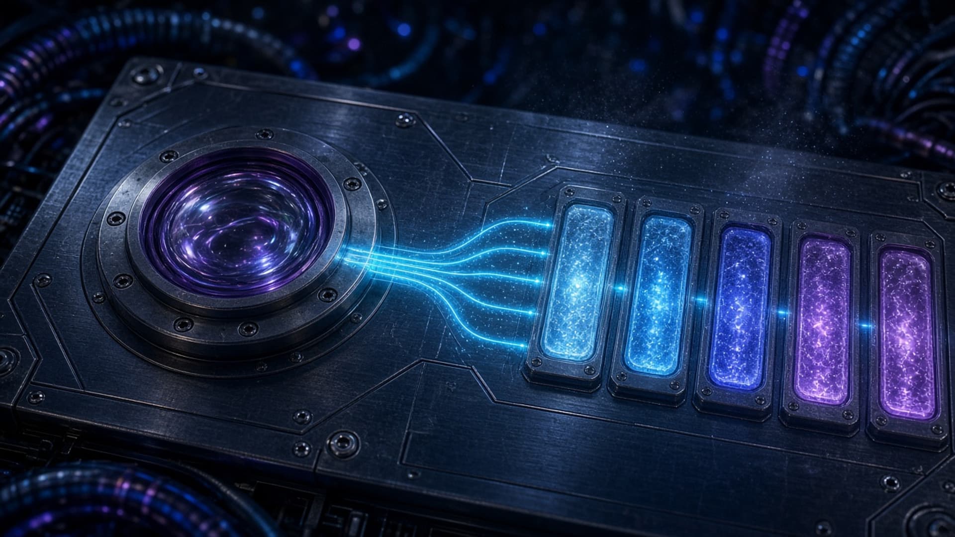 A dark brushed-metal control panel with one large round violet glass toggle at left, cyan filaments running from it to a row of five sealed frosted-glass windows lit from blue to purple, with no people or readable text
