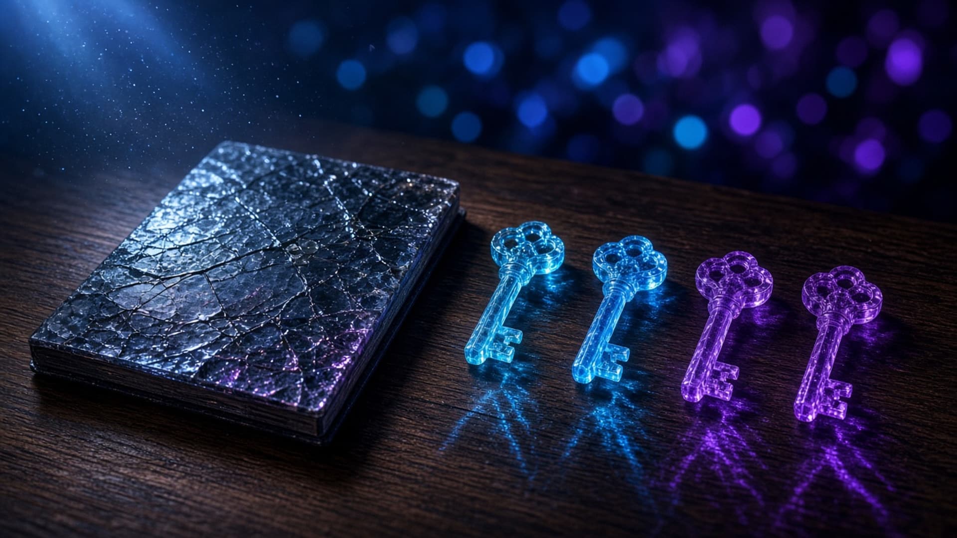 A closed unmarked notebook with a fractured dark glass cover on a walnut desk beside four translucent glass keys in a row, each lit cyan, blue, violet, or purple, with no people or readable text