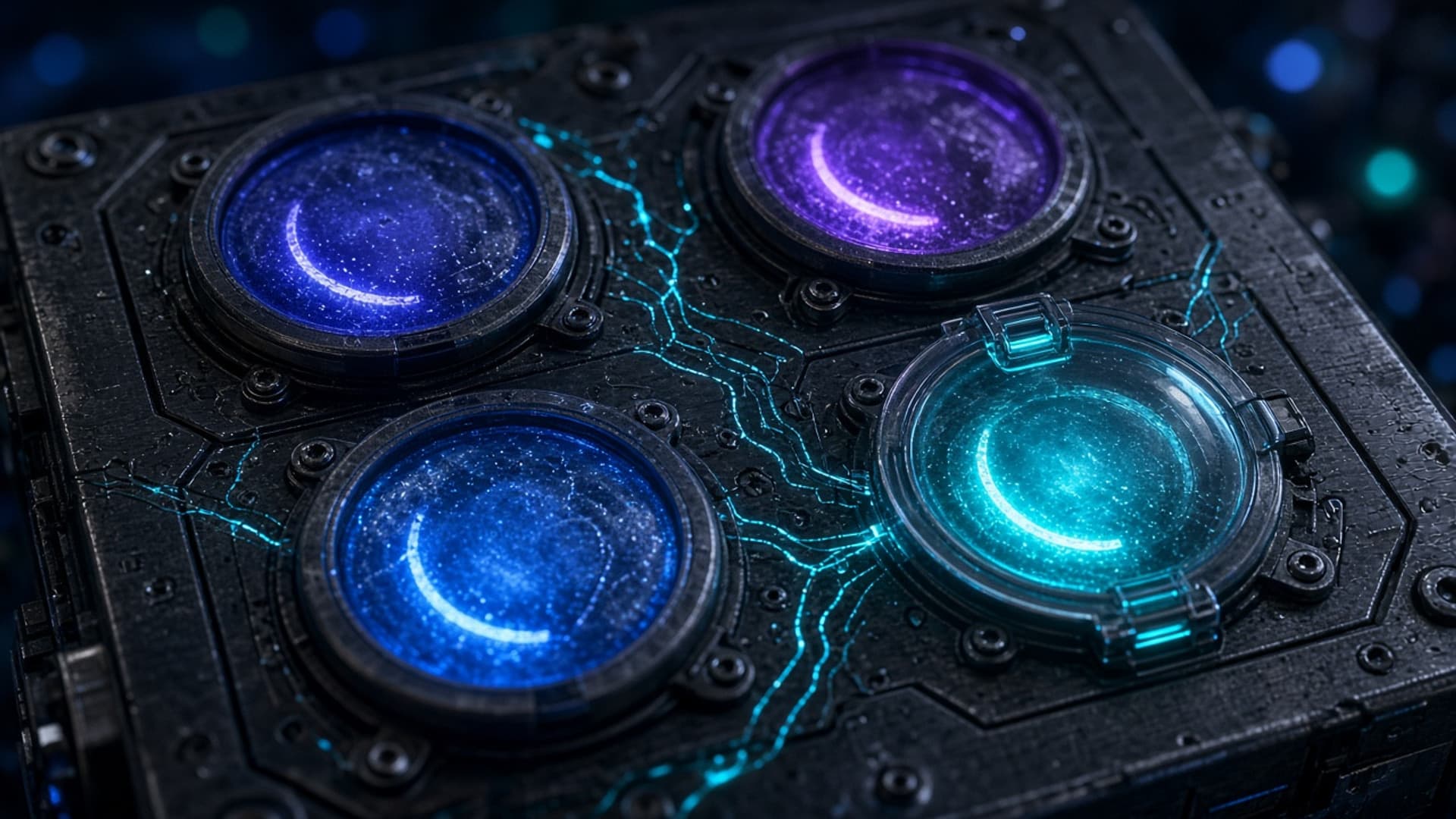 A scratched dark metal instrument panel with four unmarked round glass dials in a grid, glowing indigo, violet, blue, and cyan, three turned low and the fourth brighter but locked under a translucent glass cover, cyan circuit traces running between them, with no people or readable text