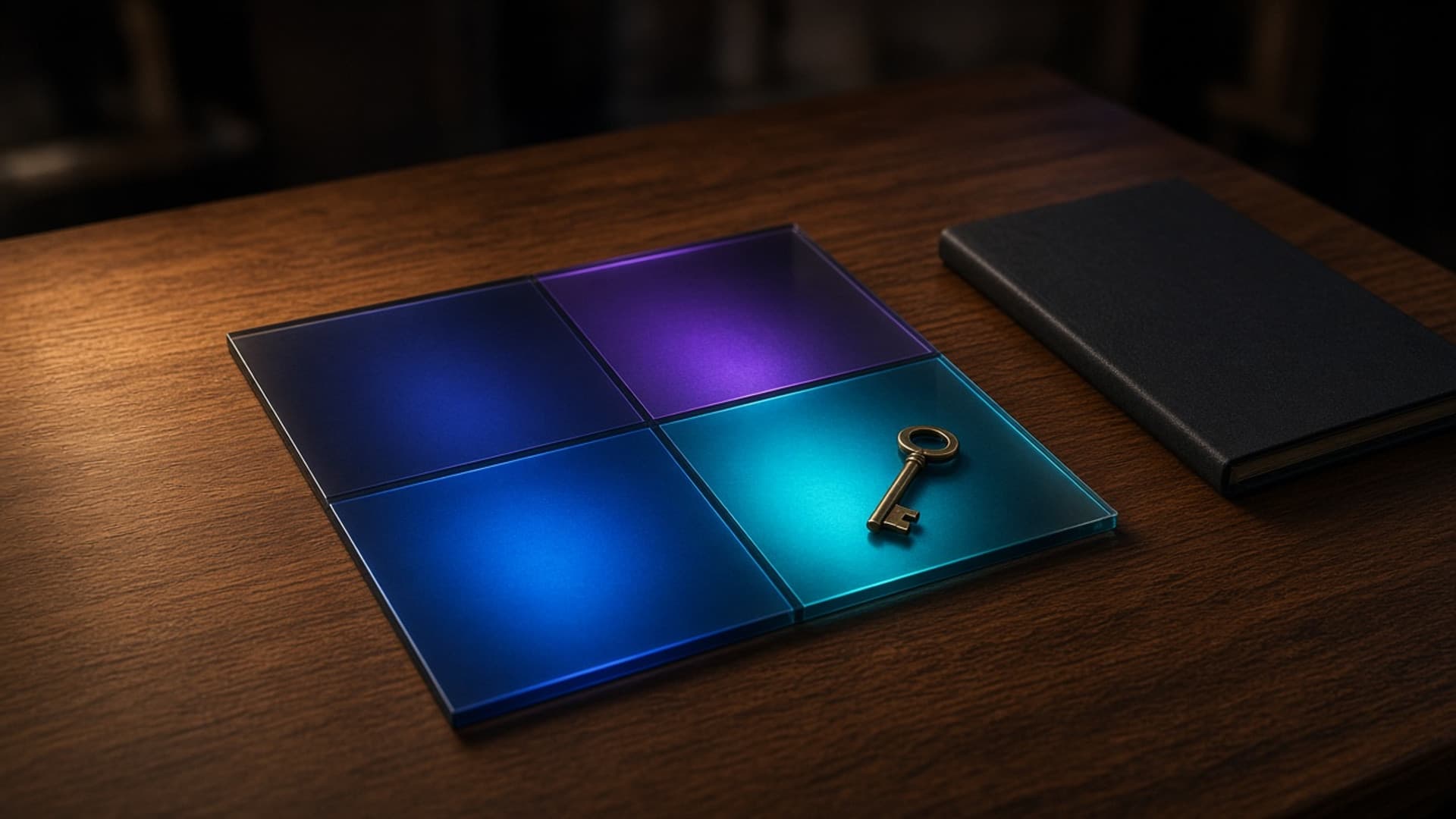 A single sheet of translucent dark glass lying flat on a walnut desk, etched with four empty rectangular fields lit from beneath in cyan and violet, a small brass key resting on the fourth field, no people or readable text