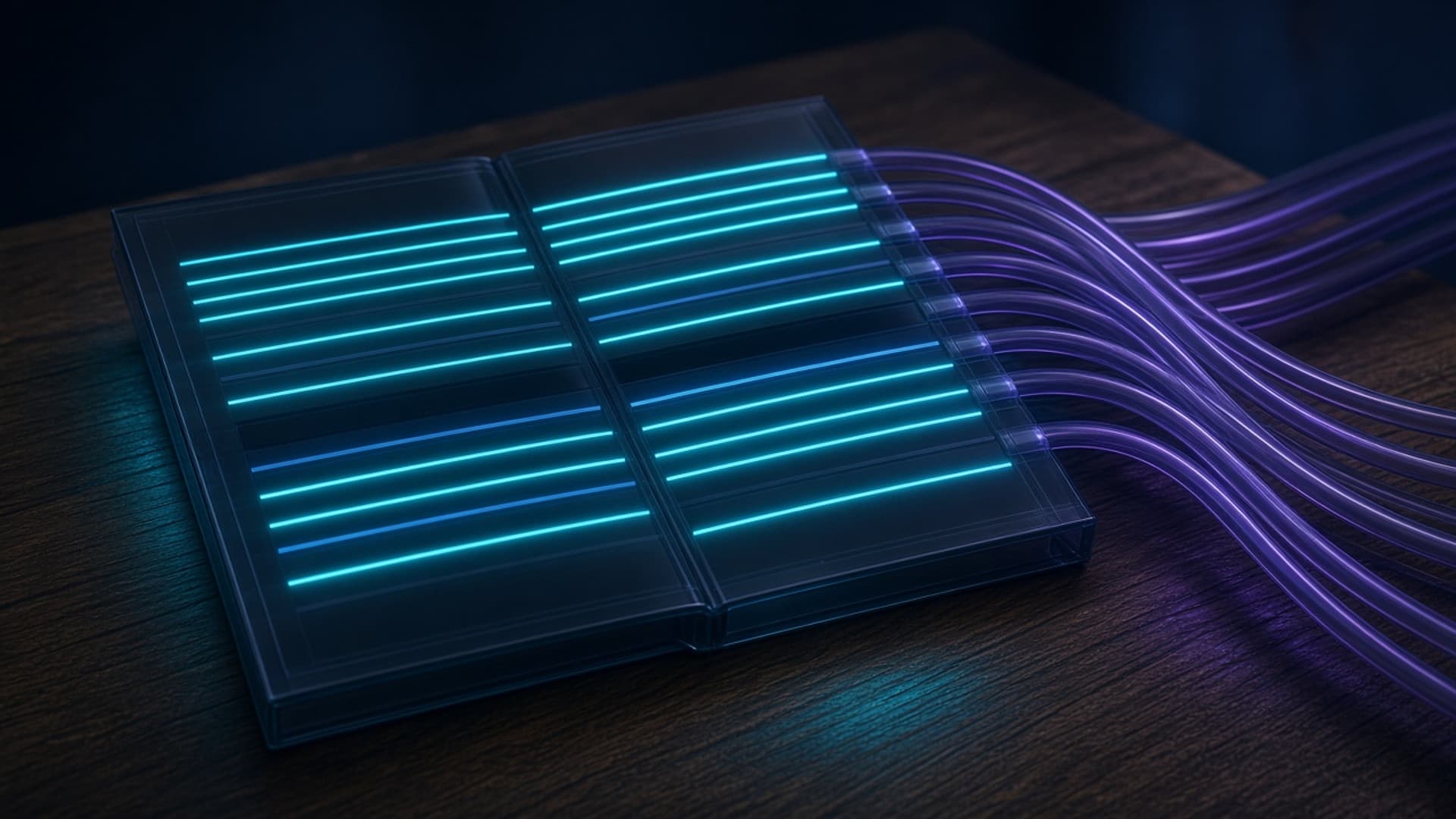 An open ledger made of dark glass lying on a walnut workbench, each ruled row a thin line of cyan light, the rows flowing off the right-hand page into a bundle of glowing violet glass conduits, with no people or readable text