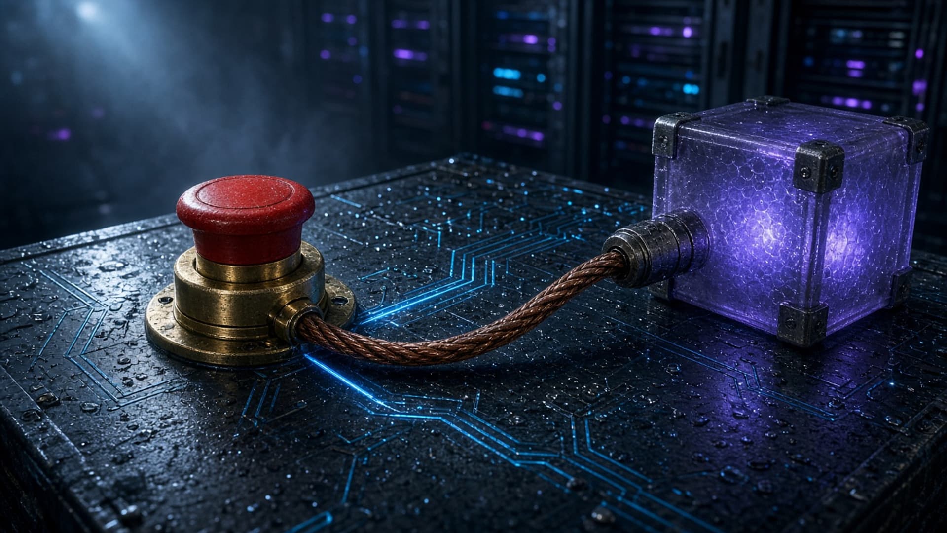 A brass emergency stop button with a dark red cap mounted on a navy glass panel, a braided cable running from its base into a sealed frosted violet glass cube glowing indigo from within, a single cyan light trace crossing the panel, with no people or readable text