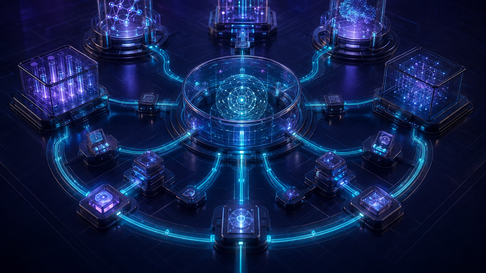 A dark navy research floor seen from above, with one human-sized glass control station at the center and many distinct violet and cyan light paths flowing from it into separate abstract experiment chambers, premium cinematic 3D editorial art, no text, letters, numbers, logos, watermarks, or faces