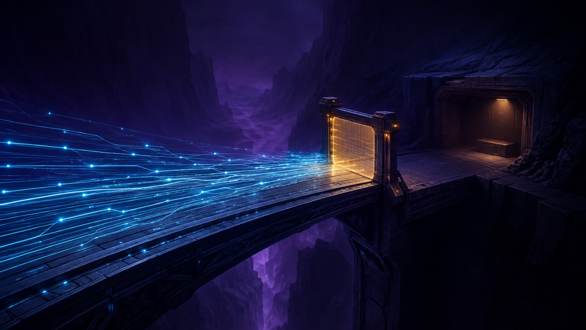 A single suspended bridge of dark glass crossing a deep indigo void, one side crowded with fast-moving cyan traces and the other protected by a small amber gate and a human-sized empty control alcove, cinematic abstract technology scene, distinct perspective, no text, letters, numbers, logos, watermarks, or faces