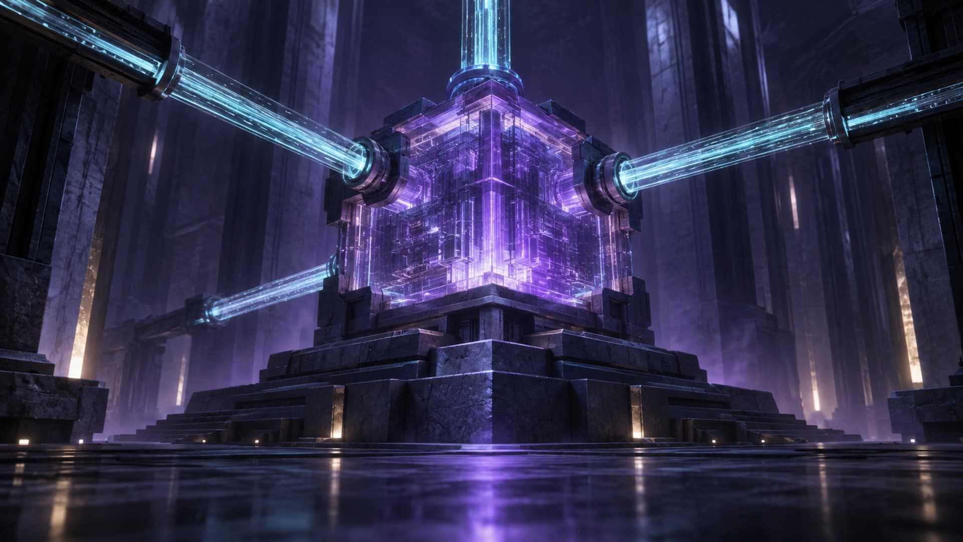 Violet glass compute core on industrial foundations, connected to four cyan data conduits.
