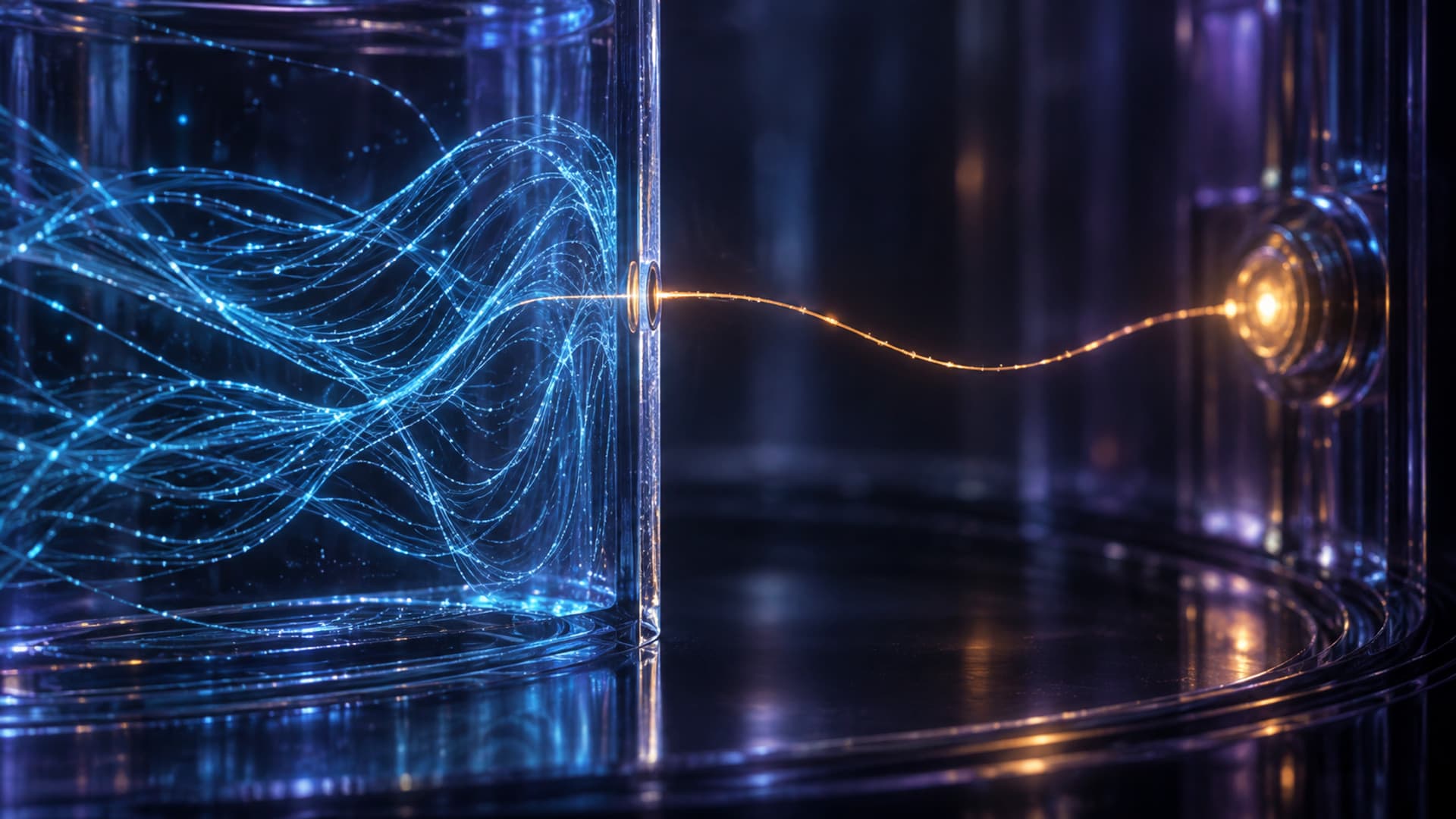 Cyan data filaments contained behind a glass boundary, with one amber strand crossing to a distant checkpoint.