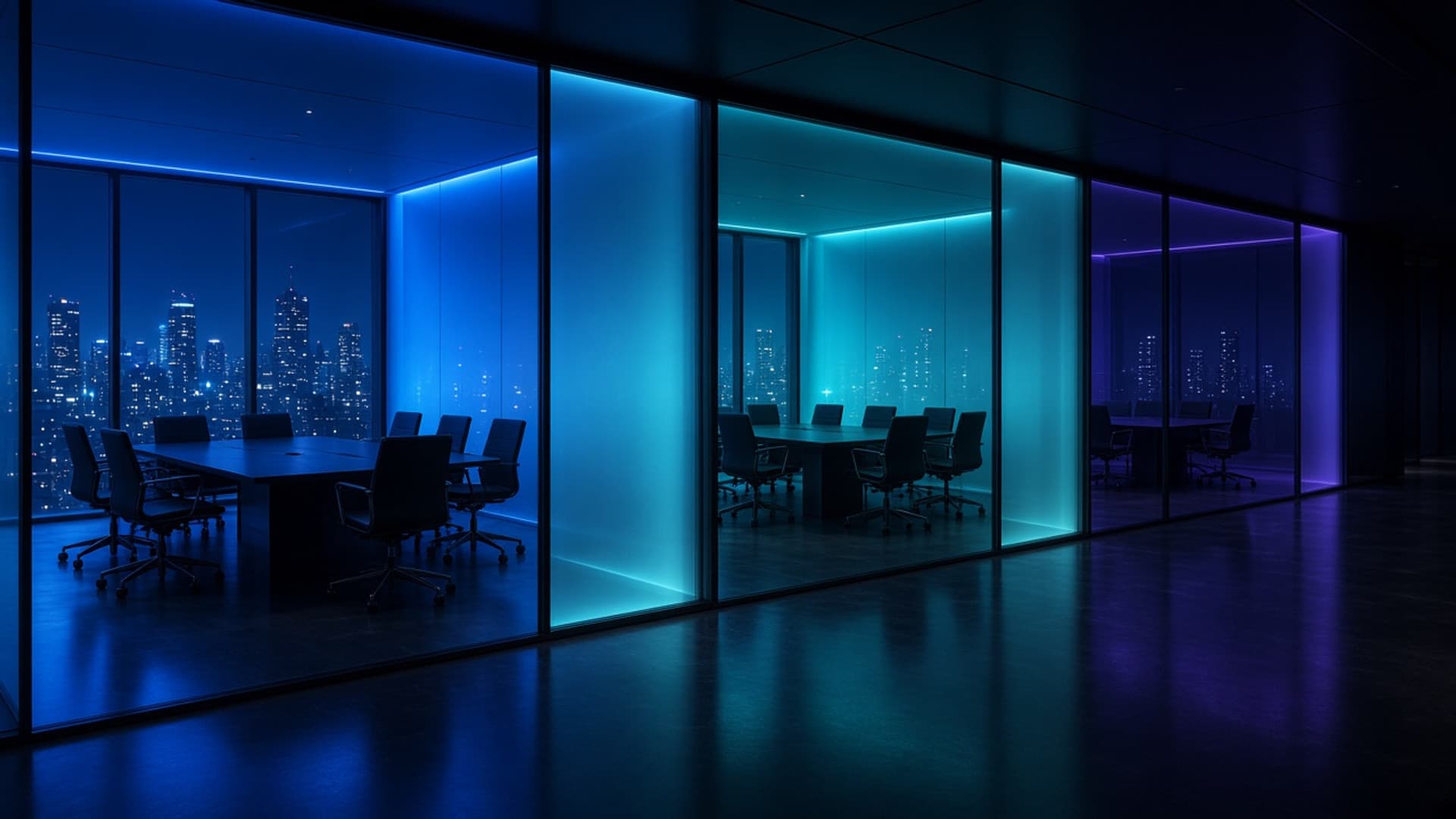 Three glass-walled meeting rooms side by side in a dark tower at night, each lit a slightly different shade of blue, with empty chairs around long tables