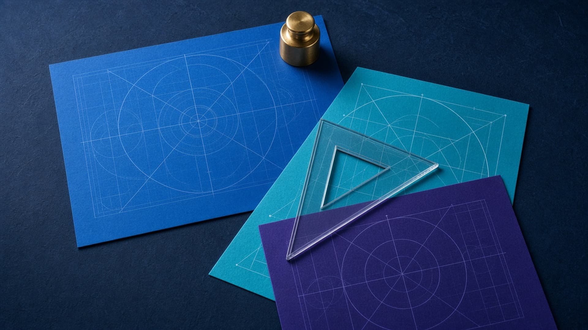 Overhead view of a dark drafting table with three blueprint sheets in different shades of blue, a set square, and a small brass scale weight holding one sheet flat