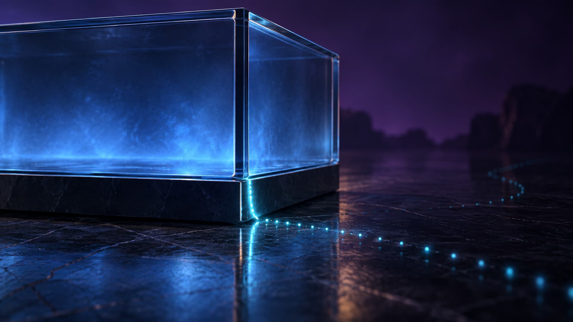 A sealed glass enclosure glowing blue on dark stone, with a faint dotted line of cyan pulses escaping through a hairline seam at one corner