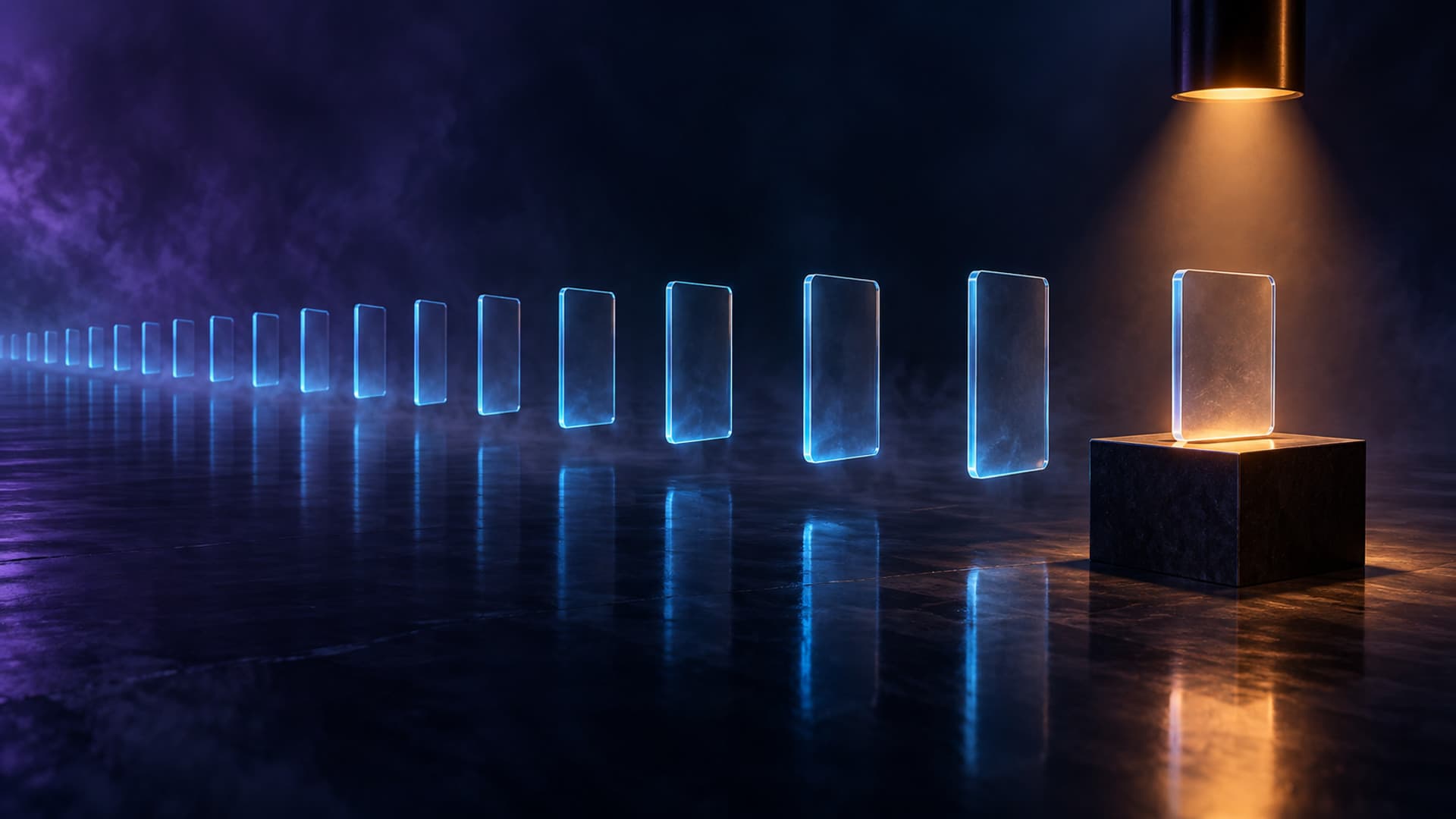 A procession of thin translucent glass tiles gliding in from the dark toward a single pedestal under a warm amber lamp, where one tile rests in the light