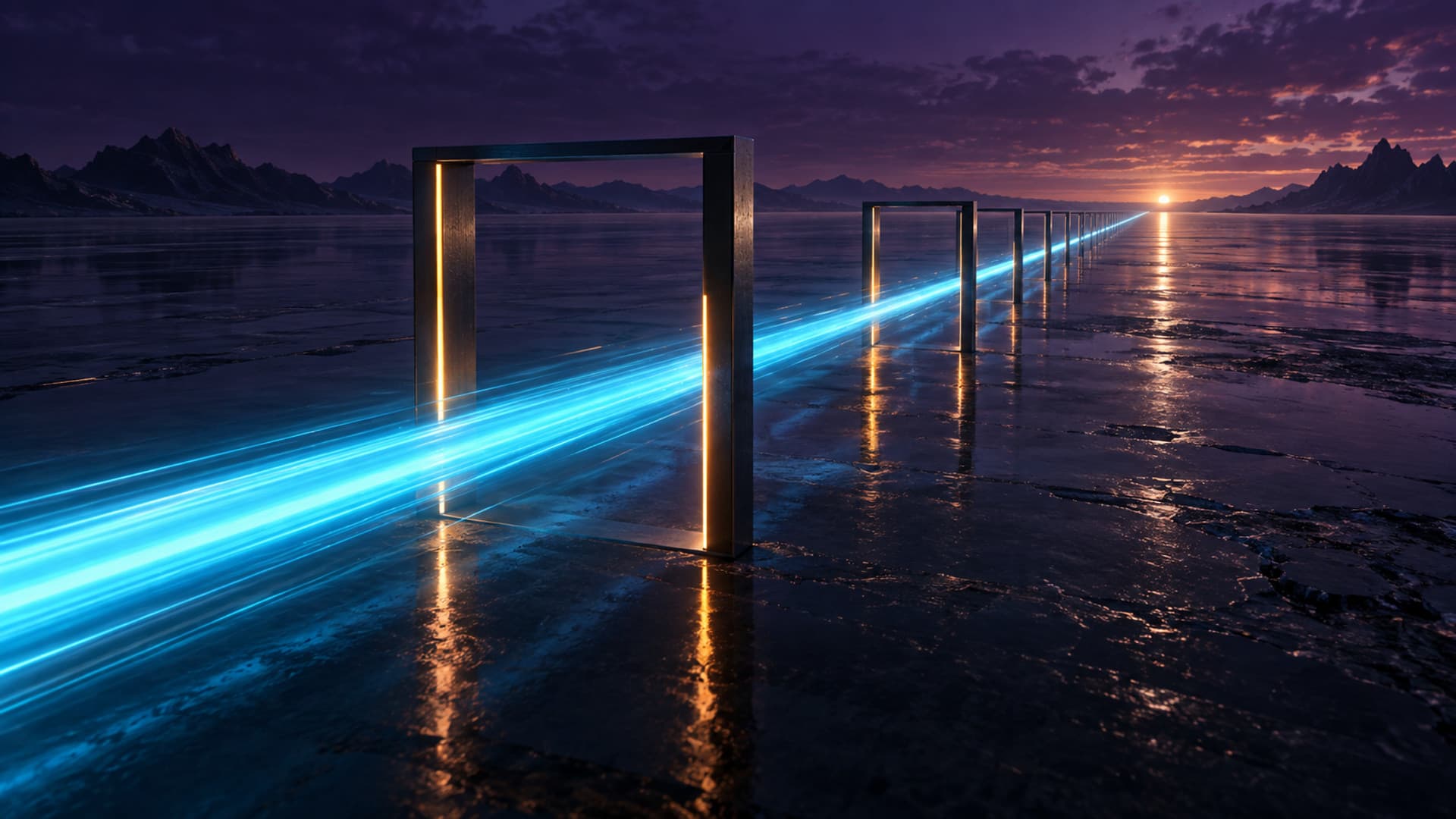 A fast stream of cyan light racing across a dark, wet plain toward a low sunset, running through a long line of slim dark metal frames edged in amber without slowing
