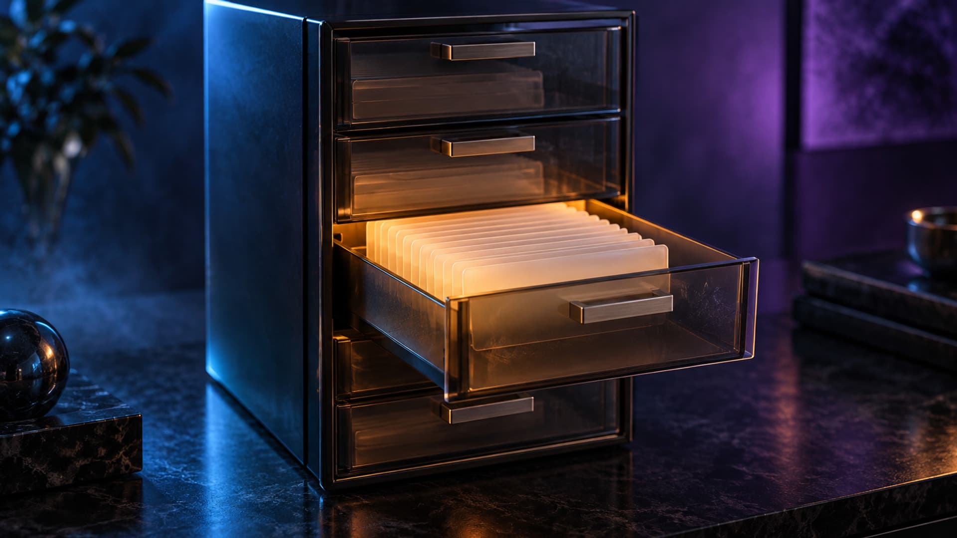 A small smoked glass drawer cabinet on a dark desk, with one drawer pulled open and glowing warm amber around neatly stacked blank cards