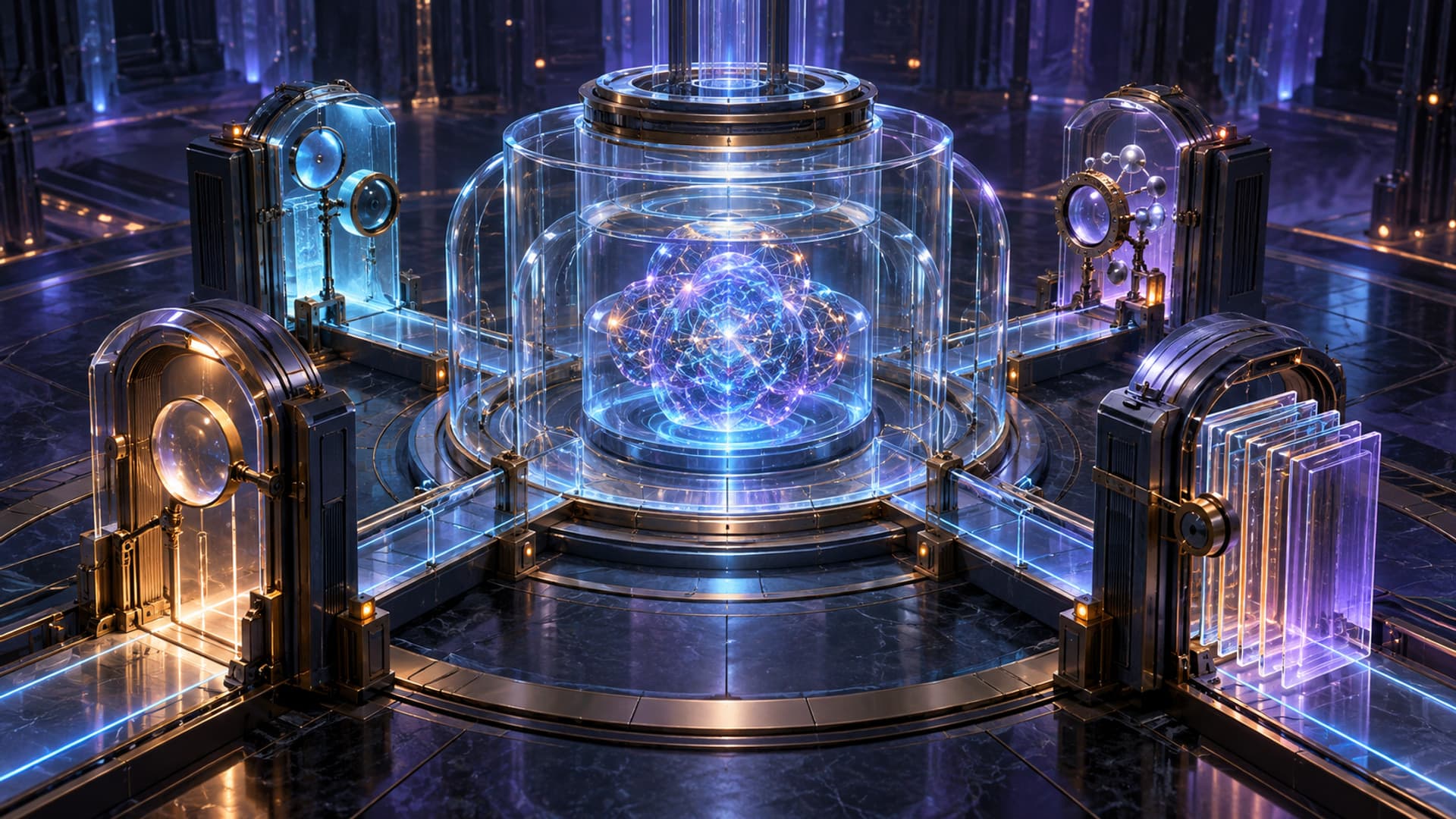 A dark navy control room where four distinct luminous rings converge around a quiet cyan core, abstract premium technology scene with no text