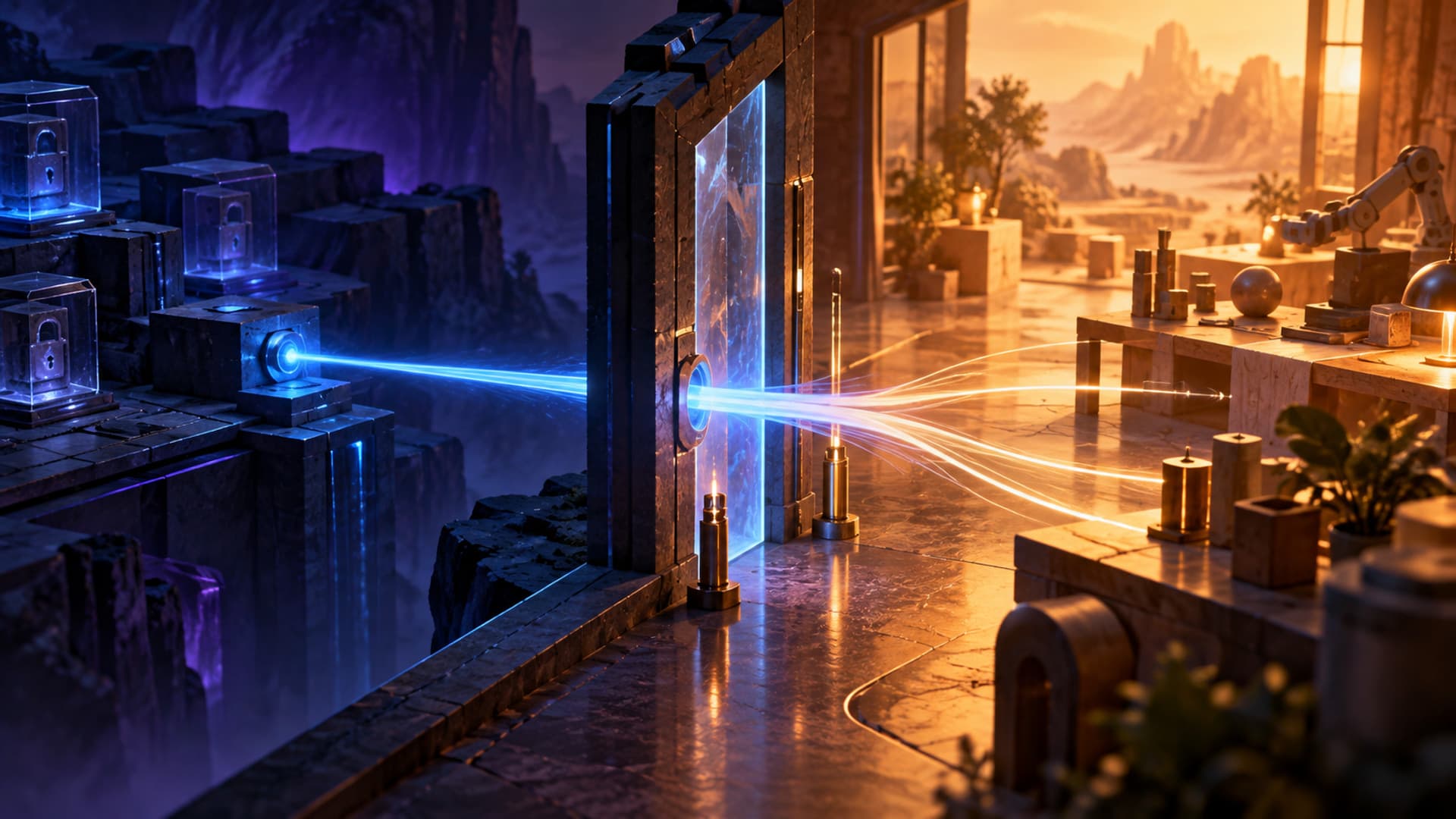 A narrow blue beam crossing a dark threshold into a warm amber workspace, with a human-scale gate separating allowed actions from uncertain outcomes, no text or logos