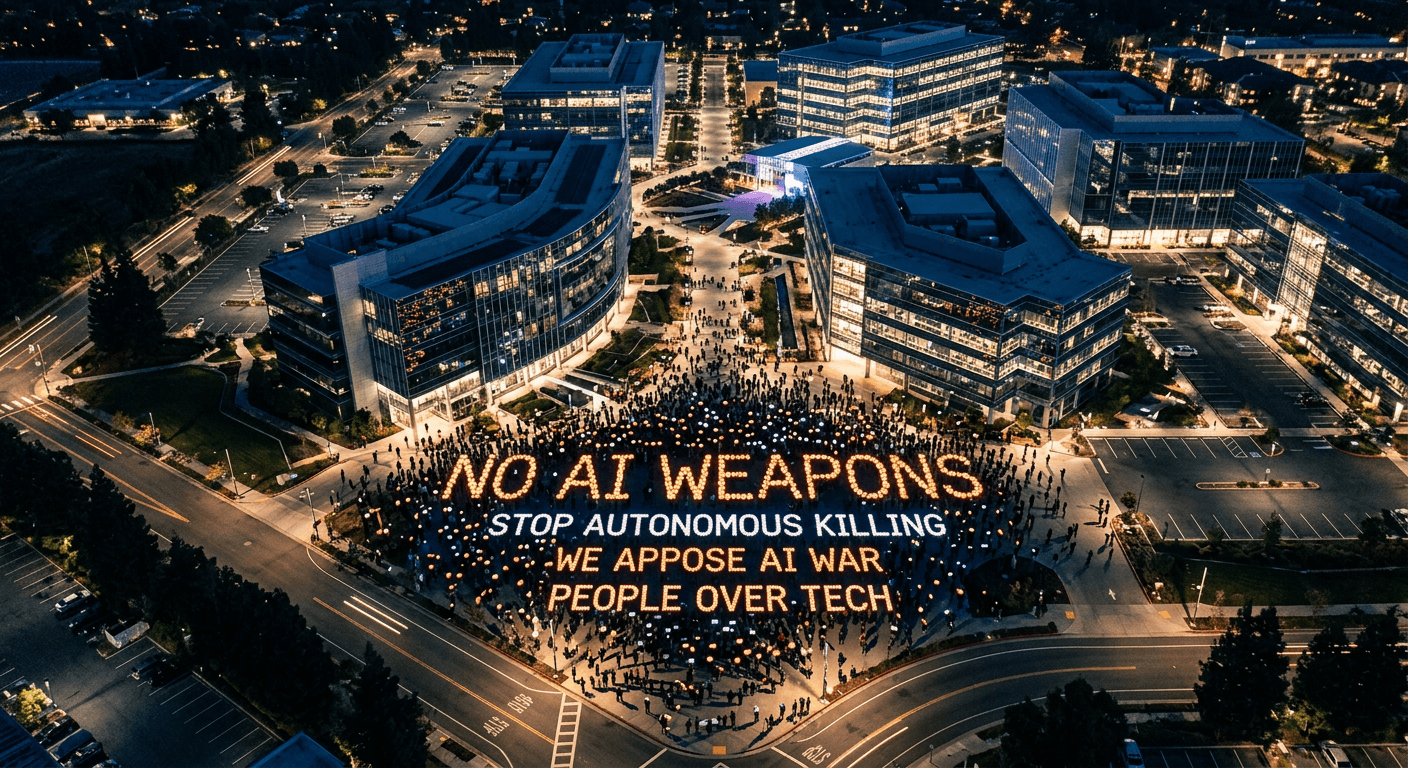 Aerial view of a tech campus at night with glowing protest signs visible from above