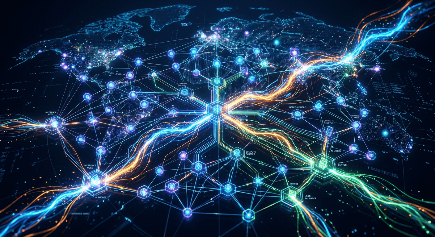 AI inference cloud infrastructure with abstract network nodes and energy flow