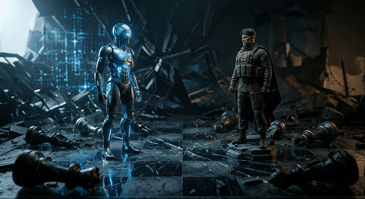 Two chess kings facing off on a glass chessboard, one robotic in blue light, one military in olive drab