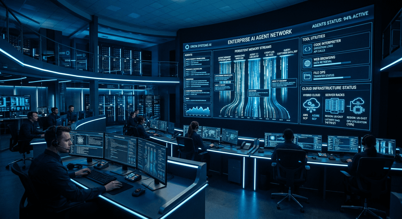 A cinematic control room for enterprise AI agents, with persistent memory streams, tool panels, and cloud infrastructure glowing in deep blue and steel tones