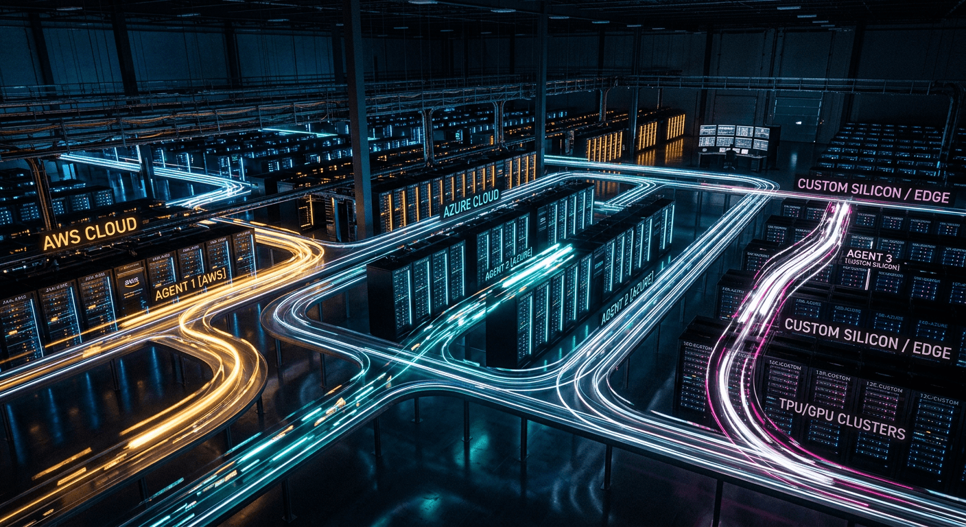 A dark enterprise data center scene with AI agents moving across AWS, Azure, and custom silicon paths, shown as luminous routed signals