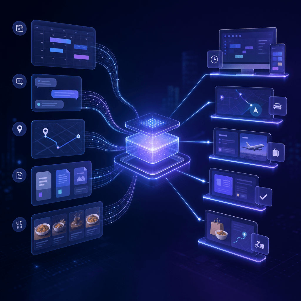 Editorial illustration of one AI layer turning app signals into workflow actions across connected digital surfaces