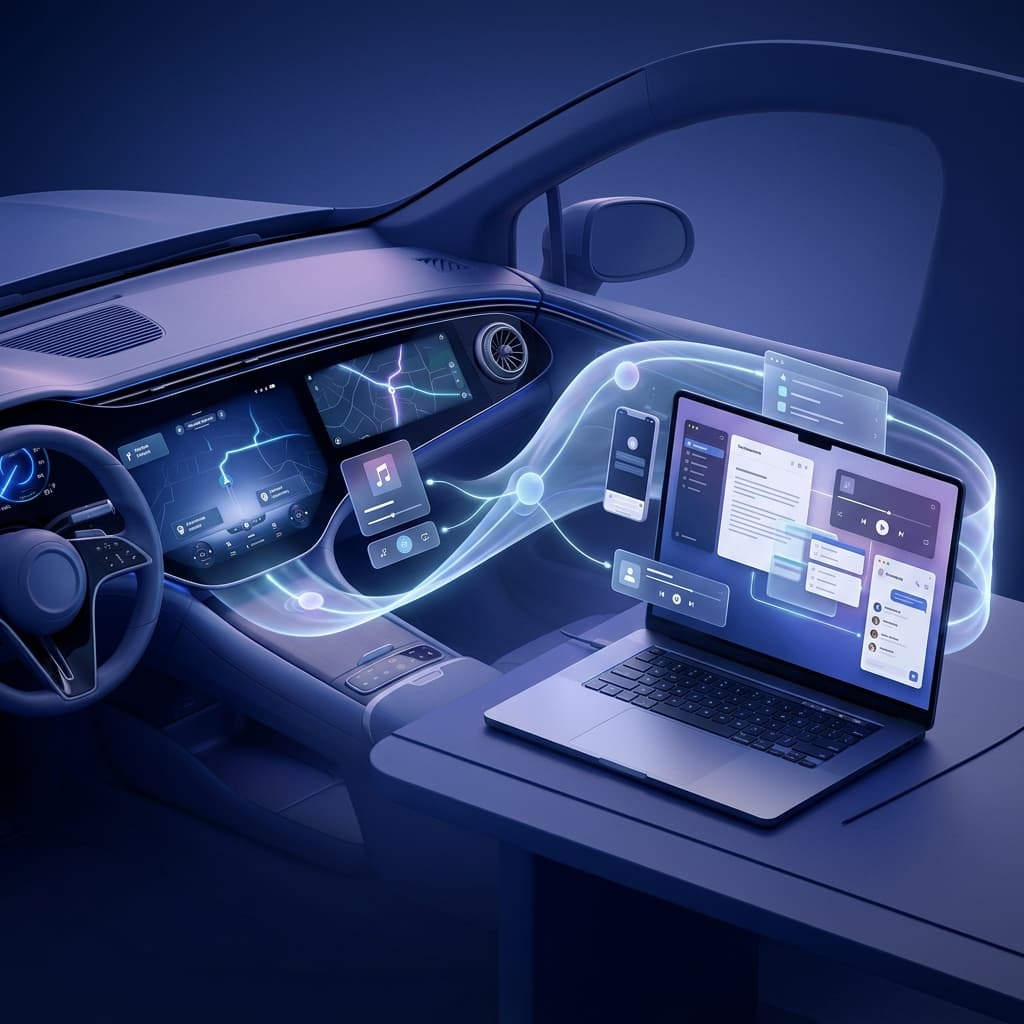 Premium illustration of a laptop and car dashboard linked by one continuous ambient intelligence layer