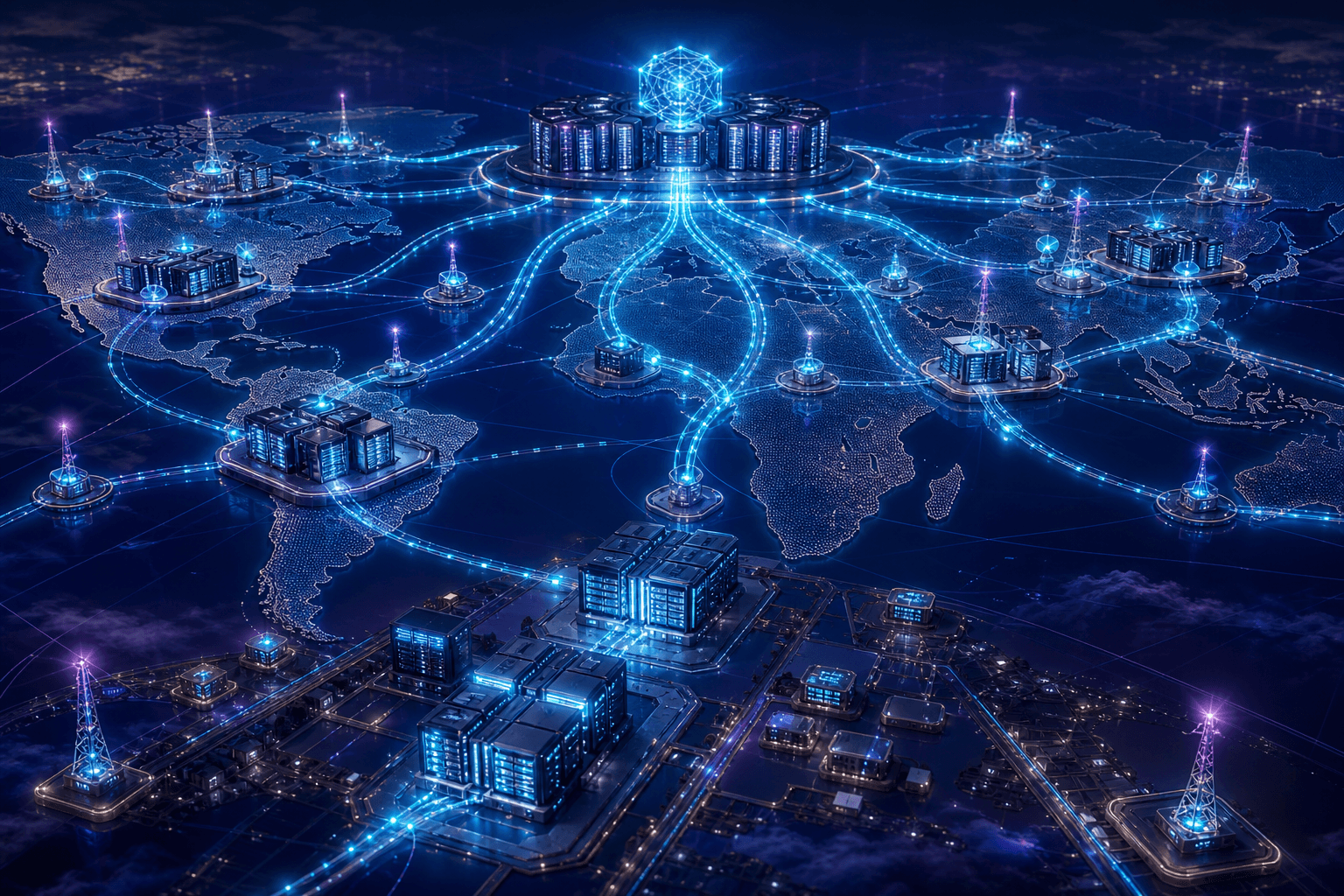 Distributed AI inference nodes spanning global edge locations with a central frontier model core routing low-latency requests through luminous blue and cyan pathways