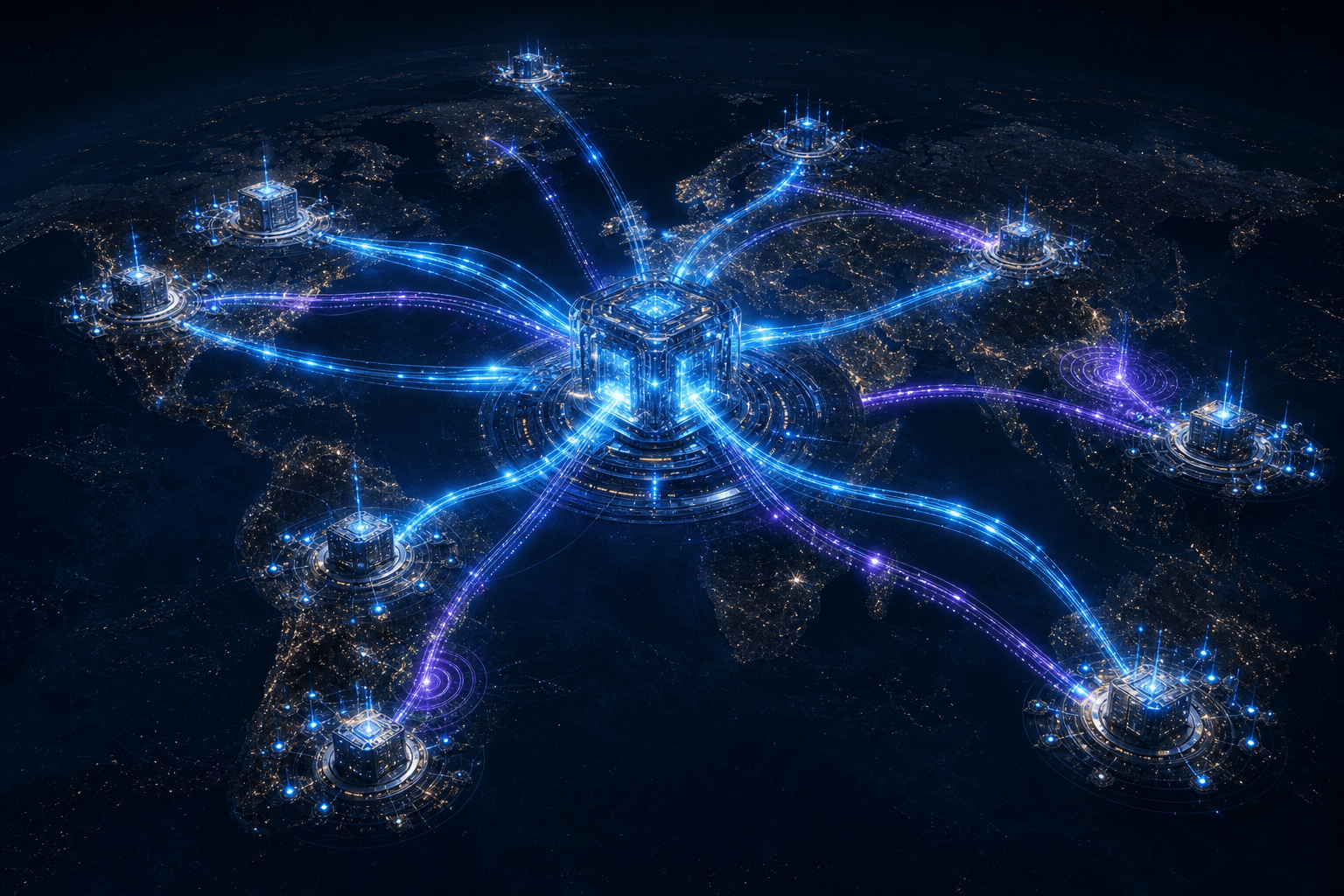 A premium edge cloud map rendered as physical infrastructure, with inference workloads flowing from a frontier model hub into regional gateways, failover lanes, and local delivery nodes