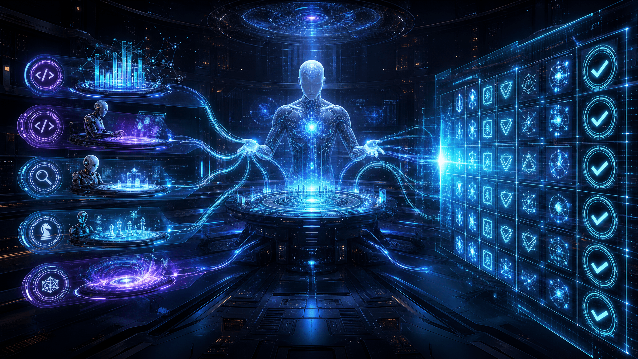 A futuristic coordination table showing one lead AI delegating work to specialized agent nodes while a bright evaluation grid checks each output, rendered in dark indigo and electric cyan with clean layered depth