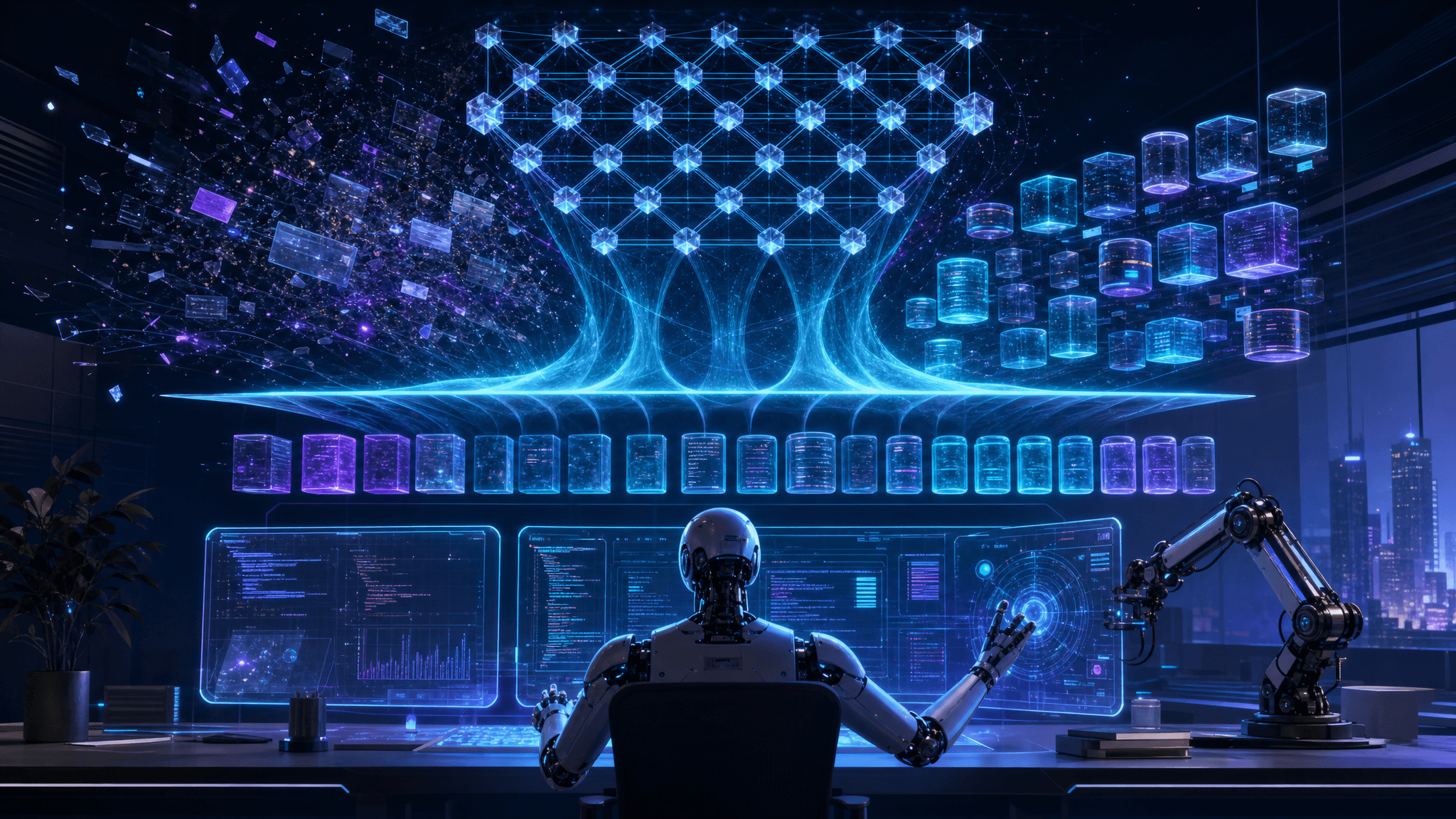 A disciplined memory lattice above a coding workspace, with noisy fragments being filtered into a clean high-signal archive while an autonomous software agent continues working below, cinematic blue and violet palette
