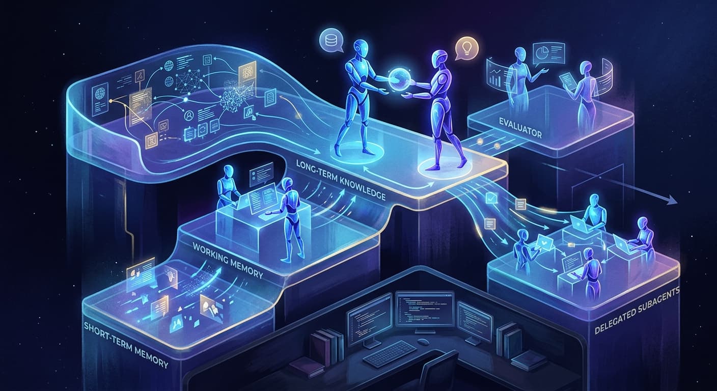 A network of autonomous AI agents delegating tasks across memory layers, evaluators, and controlled handoffs over time, premium systems illustration, luminous blue and violet architecture above a calm developer workspace