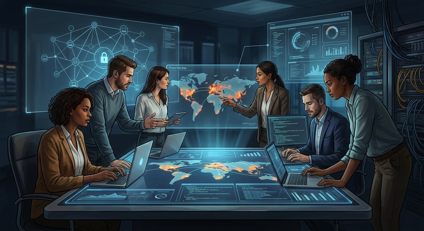 Abstract cyber defense control room showing major tech and security partners coordinating around a restricted AI system