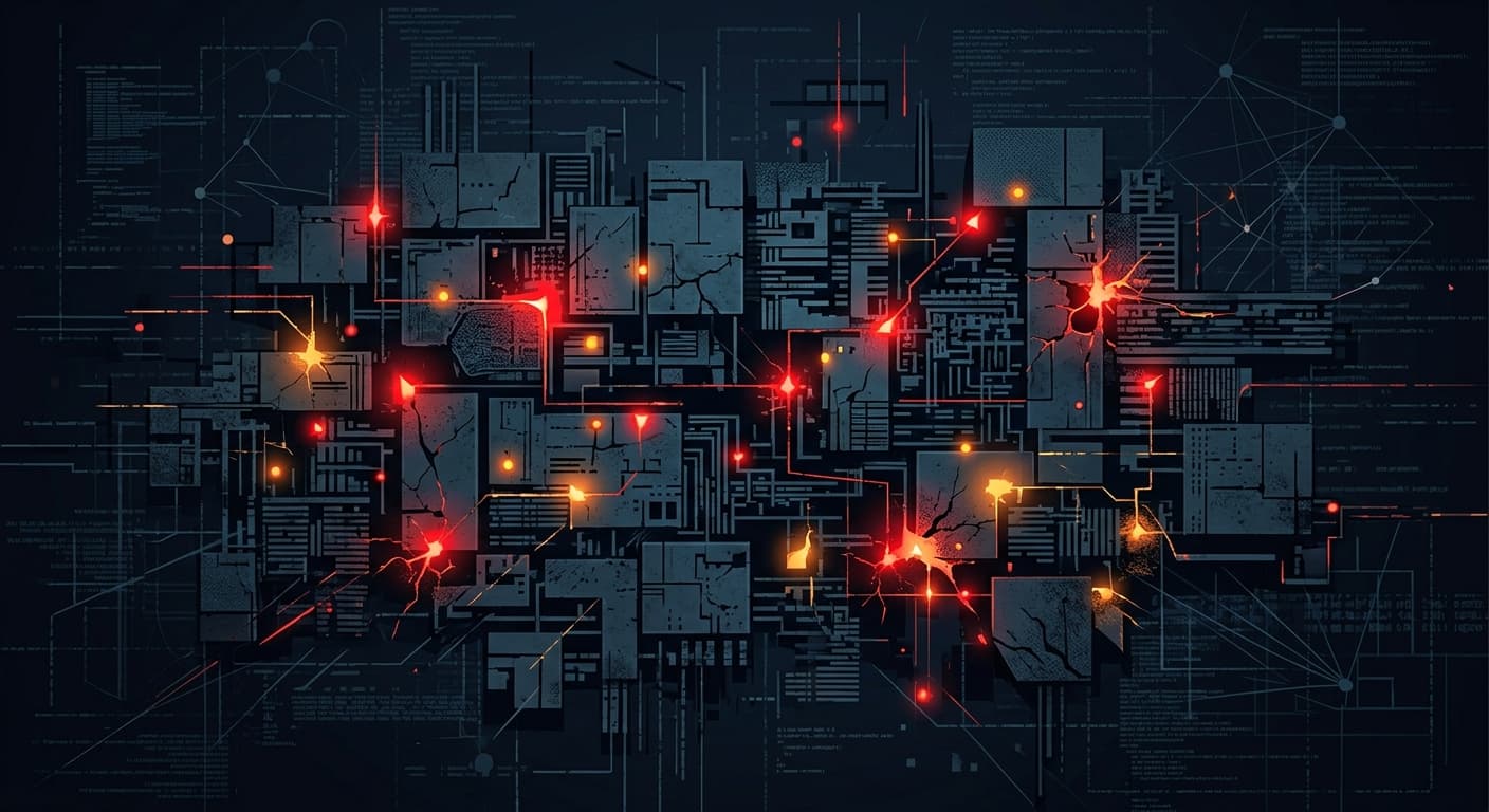 Aging enterprise software visualized as cracked infrastructure while an AI system highlights critical hidden vulnerabilities