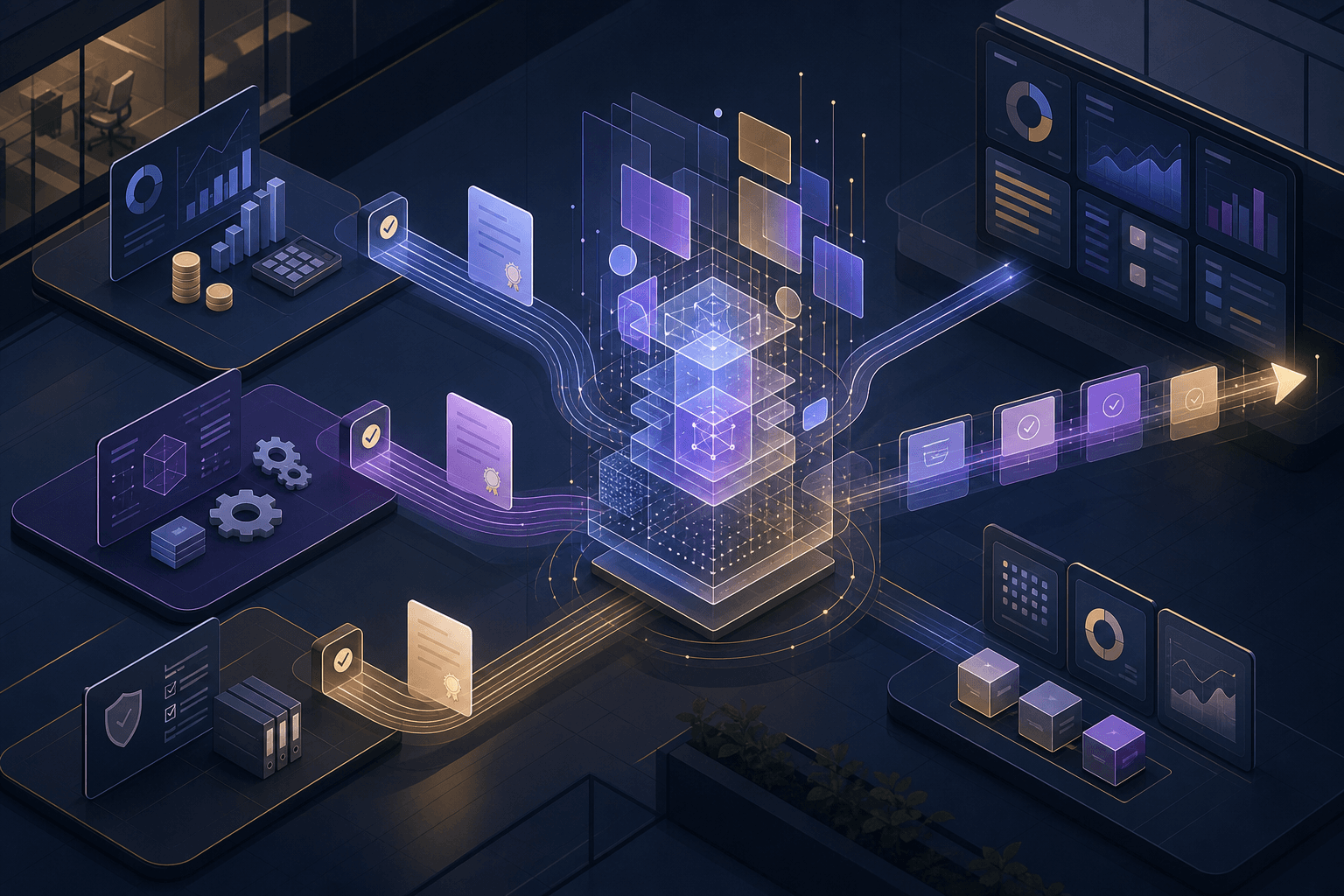 Premium editorial illustration of finance, engineering, and compliance workflows converging into one governed enterprise AI operating lane