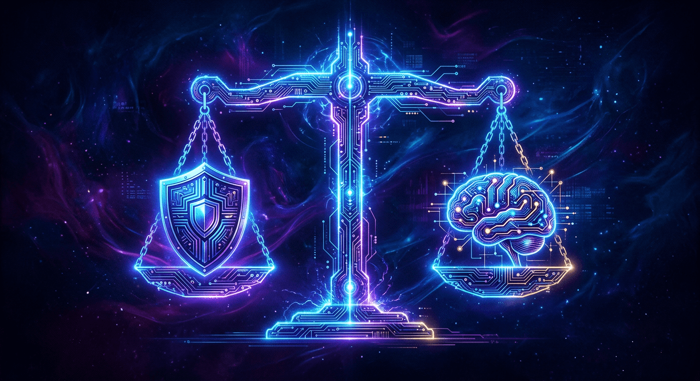 Abstract scales of justice with AI circuit patterns in dark purple and blue